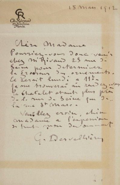 Georges DESVALLIÈRES (1861-1950) peintre. 7 L.A.S., mars-avril 1912, à Mme Natalia Trouhanowa ; 11 pages la plupart in-12 et deuil, 2 adresses.
Sur son travail pour le décor et les costumes du ballet Istar (musique de Vincent d’Indy, créé le 22 avril 1922). 15 mars 1912, la priant de venir chez Rivaud « pour déterminer la grosseur des ornements »… – Désolé de ne « pouvoir surveiller les costumes, le décor et les bijoux en m’absentant du 19 au 30 », il fait agir Jacques Rouché au ministère de la Guerre pour obtenir un sursis. Il demande rendez-vous pour prendre des mesures pour les bijoux… [30 mars]. Il veut « le manteau d’Istar » ce soir, et recommande une Russe… [2 avril]. Il la remercie de sa délicate intention à propos du Vendredi Saint, mais il viendra ce jour-là au théâtre… – Il a donné à Mlle Muelle « un dessin grandeur nature de vos boucles d’oreilles »… – Sa fille a été si gravement malade qu’ils ont vécu des journées d’angoisse ; elle semble maintenant hors d’affaire, mais il est à bout de forces… – Vendredi. C’était bien « la petite fille aux bonbons » qui était malade. Il ne manquera pas « le grand plaisir de vous voir et d’entendre la nouvelle œuvre d’un artiste que j’admire tant et d’un homme pour lequel j’ai tant de respect. Merci enfin pour votre bienveillance à mon égard au sujet de ma modeste collaboration aux Concerts de Danse Trouhanowa »…