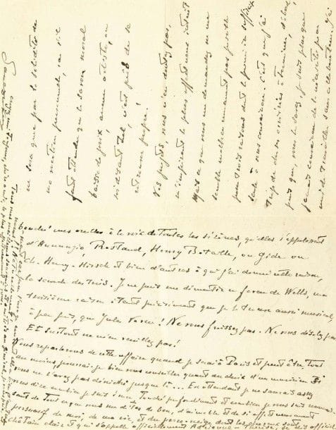 Paul DUKAS (1865-1935). 5 L.A.S., 1914-1921, à Natalia Trouhanowa, comtesse Ignatieff ; 1 carte postale et 6 pages in-8, 4 adresses.
À la créatrice de La Péri. 20 décembre 1914 : « Comme l’hiver doit être dur à Moscou ! Nous vivons aussi dans des tranchées morales. Il y fait froid de solitude et l’ennui tombe à seau. Et nous n’avons même pas la distraction de la fusillade ! Que dites-vous du bombardement de Scarborough ? Quel exploit ? C’est comme si on faisait le siège de Deauville ou du Tréport ! Quels muffles ! »… Villefranche sur mer 25 janvier 1921 : « je me sens peu digne des souvenirs éclatants que je vous ai laissés tant je me semble à moi-même encrustacé, comme vous dites, ce qui signifie sans doute encroûté dans le bourgeoisisme où la vie dure nous a tous fait sombrer ». Il ne peut contribuer à ses projets, car il a trop de choses à terminer, et est plus que jamais convaincu de la nécessité de travailler sans collaborateur : « J’ai bouché mes oreilles à toutes les sirènes, qu’elles s’appellent d’Annunzio, Rostand, Henry Bataille, ou Gide ou Ch. Henry Hirsch ». Quant à Wells, « je le trouve aussi musical, à peu près, que Jules Verne ! » Il pourra cependant à Paris la conseiller pour le choix d’un musicien. Il évoque pour finir son « perce-neige dont les cheveux sont châtain clair », sa fille Adrienne-Thérèse… [9 mars]. Il est rentré à Paris pour les répétitions d’Ariane à l’Opéra-Comique, où il passe tout son temps… « ne croyez pas que je sois fâché pour la Fanfare ! Vous auriez très bien pu la jouer puisqu’elle a été écrite pour vous ! »… [11 mars]. Il se réjouit de son beau succès : « L’orchestre très bien ; mais dans cette salle il faudrait 150 musiciens ». Il préférait l’ancienne présentation, mentionne quelques détails gênants, mais « l’essentiel c’est qu’on vous ait tant admirée et applaudie »… [19 mars] : « C’était bien plus beau hier. L’orchestre aussi bien meilleur et le public aussi. Je suis ravi de votre succès et je suis heureux d’y avoir eu