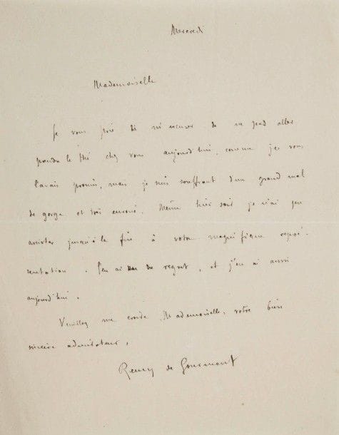 Remy de GOURMONT (1858-1915). 2 L.A.S., [1912 ?, à Mlle Natalia Trouhanowa] ; 2 pages in-8.
Mardi. « Je suis très sensible à votre invitation et ce me sera un grand plaisir de pouvoir aller vous admirer et vous applaudir »… Mercredi. Il s’excuse de ne pouvoir aller prendre le thé chez elle, il se sent mal : « Même hier soir je n’ai pu assister jusqu’à la fin à votre magnifique représentation »...