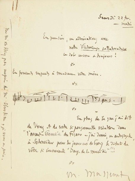 Jules MASSENET (1842-1912). 18 L.A.S., 1906-1912, à Mlle Natalia Trouhanowa ; 22 pages la plupart in-8 (dont 4 cartes postales ill. d’Égreville), une enveloppe et une adresse.
Intéressante correspondance au sujet de leur collaboration pour le ballet Espada (Théâtre de Monte-Carlo, 13 février 1908, livret de R. Maugars [pseudonyme du baron Henri de Rothschild]).. …Égreville 12 août 1906. « Des journaux vous diront que je travaille à ceci – à cela. Rien n’est vrai. J’ai la tête hantée par notre ouvrage et je ne pense qu’à lui (Monte-Carlo ballet saison 1908) »… 4 septembre. Il espère bientôt la revoir à Paris chez leur ami Gabriel Astruc : « je vous dirai tous mes projets au sujet de la musique d’orchestre et de scène. Quoique bien occupé par mes très prochains ouvrages à l’Opéra et à Monte-Carlo j’ai beaucoup pensé à Espada », dont il compte écrire l’esquisse en décembre et janvier, s’il arrive à se libérer des répétitions et des voyages, « car c’est au retour de Monte-Carlo que je travaillerai à la partition d’orchestre afin de la terminer fin juillet 1907 ! »… Paris 11 décembre. Il a hâte comme elle de « mettre le travail en train », et lui envoie ses souvenirs ainsi qu’à M. Clustine… Février 1907. Il la prie de dire à « mon éminent confrère Paul Franck que j’espère avoir terminé vers août ou septembre l’ouvrage que j’écris (depuis 2 ans 1/2) pour fév. 1910 ». Ils causeront du projet pour l’Amérique… Égreville 13 juin : « On me télégraphie votre grand succès ! Mes admirations vont vers vous »… – « En fervente admiration & chers sentiments pour votre présence & vos paroles si sympathiques hier soir à l’audition de votre Espada »… – Il la remercie pour ses fleurs, « aussi merveilleuses que vous êtes admirable » ; il jouera demain chez lui au baron Henri de Rothschild la musique d’Espada : « combien j’aimerais vous redire toute cette partition »… 1er janvier 1908. Il lui envoie 4 mesures de musique du Bolero pour lui dire son admiration… 22 février. « En pensées, 