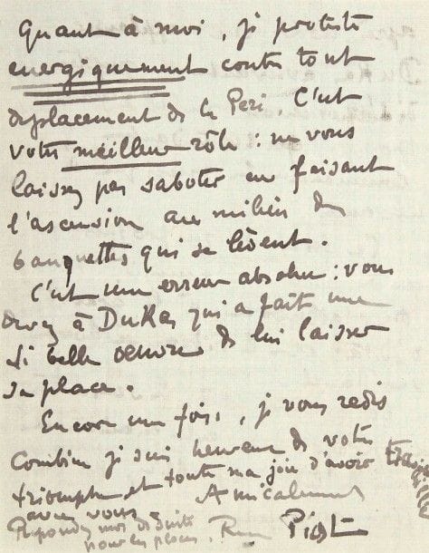 René PIOT (1866-1934) peintre et décorateur. 16 L.A.S., [1911-1913, à Mlle Natalia Trouhanowa] ; 33 pages la plupart in-8, 3 adresses.
Intéressante correspondance au sujet de leur collaboration pour La Péri de Paul Dukas, dont il réalisa les décor et costumes (créé le 22 avril 1912 au Châtelet). [C’est Bakst qui devait faire les costumes et décor de La Péri, prévue pour juin 1911 aux Ballets Russes puis annulée.]. …3 [décembre 1911 ?]. Il a parlé avec Rouché de la saison d’avril : « Il m’a dit qu’il comptait donner un seul décor à chacun de ses artistes. Je choisis donc la Péri si vous vous dégagez de Bakst. Quant à Salomé, c’est Desvallières qui le fera »… [Début 1912]. Il veut causer de leurs projets : « Je suis sûr que vous aurez un grand succès de danseuse, c’est votre seule affaire, mais je veux que vous ayez un énorme succès de beauté et cela, c’est mon affaire. Je vous veux comme une Perle. Vous serez éblouissante et nous allons travailler ferme »… – Rendez-vous au Châtelet. « Enchanté que ce que je vous ai montré vous ait plu ; mais il faut que j’y songe beaucoup avec Dukas pour vous faire vraiment danser la danse de sa musique. […] J’ai l’air bon bougre, comme cela, mais quand il s’agit de la réalisation de mon art je suis horriblement despote et nous allons avoir des prises de bec quand vous n’obéirez pas »… – « Je n’ai qu’une idée : donner à votre beauté sa plus grande valeur et alors, pourquoi décidez-vous de l’exécution finale d’une forme d’après mes dessins. Vous êtes aussi incapable de lire mes dessins que moi, la partition de Dukas ». Ce n’était qu’une esquisse : « tout est à trouver définitivement sur vous-même et dans les indications exactes que me donneront votre corps. C’est sur vous seule que je pourrai juger s’il faut baisser une ceinture, diminuer un empiècement, pincer une ligne etc… Laissez-vous donc faire et soyez sans inquiétude. Mais je veux rester SEUL juge de ce qui vous convient. […]. Soyez avant tout persuadée que je vous veux bel