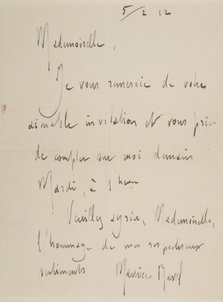 Maurice RAVEL (1875-1937). L.A.S., 5 février 1912, à Mlle Natalia Trouhanowa ; 1 page in-8, enveloppe.
« Je vous remercie de votre aimable invitation et vous prie de compter sur moi demain Mardi »…