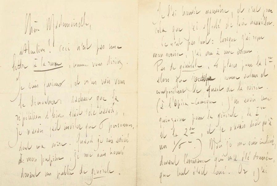 Maurice RAVEL. L.A.S., [21 avril 1912, à Mlle Natalia Trouhanowa] ; 6 pages in-8 (lég. effrang. au dernier feuillet).
Très belle lettre de colère avant la création de son ballet Adélaïde ou le Langage des fleurs. [Ravel, à la demande de Natalia Trouhanowa qui organisait des « concerts de danse », a conçu une version chorégraphique de ses Valses nobles et sentimentales sous le titre Adélaïde ou le Langage des fleurs, sur un argument de Ravel lui-même, et une chorégraphie d’Ivan Clustine, le maître de ballet de l’Opéra ; Trouhanowa dansait le rôle d’Adélaïde, aux côtés de Bekefi (Lorédan) et Vandeleer (le Duc), dans des décor et costumes de Drésa. La création eut lieu au Châtelet le 22 avril 1912, sous la direction de Ravel, qui partageait l’affiche avec Istar de V. d’Indy, La Péri de P. Dukas, et La Tragédie de Salomé de Fl. Schmitt].. …« Attention ! ce n’est pas une lettre à la russe, comme vous diriez. Je suis furieux […] : sachant que la répétition d’hier était “de travail”, je n’avais fait inviter que 6 personnes, dont ma mère. Quand je suis arrivé à mon pupitre, je me suis trouvé devant un public de générale. Je l’ai trouvé mauvaise, et c’est pour cela que j’ai affecté de faire travailler ». Puis il a cru à une erreur en recevant ses invitations : « Pas de générale, 4 places pour la 1re alors que j’occupe, comme auteur et compositeur, le quart de la soirée (à l’Opéra-Comique, j’en avais une quinzaine pour la générale, la 1re et la 2de, et je n’avais droit qu’à un 1/6e). Mais je me suis incliné, devant l’assurance qui m’a été donnée, que tout était loué. Or, j’ai appris hier, par tout le monde, que c’était une véritable première, et qu’une grande partie de la salle serait remplie par des invités, comme d’habitude. Vous voyez d’ici ma fureur. J’aurais voulu l’exprimer comme Bekefy, par bonds de 3 mètres. J’exige un dédommagement ou je sabotte la 1re, en dirigeant tout le temps à 5 temps ». Il exige que l’on envoie sans faute pour la première une place à Riccio