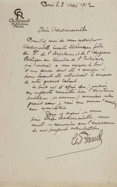 Charles RIVAUD (1859-1923) orfèvre. 4 L.A.S., février-mai 1912, [la plupart à Natalia Trouhanowa] ; 4 pages et demie in-8, dont 2 à son en-tête.
Au sujet de la création d’ornements pour son ballet Istar [sur une musique de Vincent d’Indy, créé le 22 avril 1912]. 24 février. Il préfère qu’elle le reçoive dimanche « car nous n’avons pas un jour à perdre »… 25 mars, au peintre Georges Desvallières : il se plaint de l’indifférence de M. Quinault [le danseur Robert Quinault] qui « menace de me mettre dans l’impossibilité d’arriver à vous livrer dans le délai fixé »… 10 avril. Sa gentille lettre lui a fait très plaisir ; il a été frappé d’un sévère accès de goutte…8 mai. Il lui adresse la fille du directeur de l’Assistance et de l’Hygiène publique au Ministère de l’Intérieur « qui tiendrait à vous exposer le but d’une œuvre dont elle s’occupe et pour laquelle elle solliciterait le concours de votre grand talent », pour offrir des poupées aux enfants de l’Assistance publique…