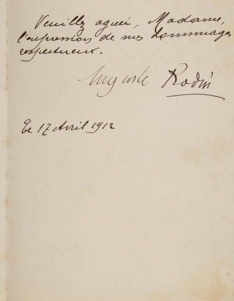 Auguste RODIN (1840-1917). L.S., 17 avril 1912, [à Natalia Trouhanowa] ; 1 page et demie in-8.
Il la remercie pour la loge qu’elle lui a offerte « pour assister aux deux concerts de danse que vous devez donner au Châtelet », mais il ne pourra aller l’applaudir, à cause de l’heure tardive des représentations. « Si toutefois, vous donnez une matinée, […] je me ferai un honneur de compter au nombre de vos spectateurs »…
