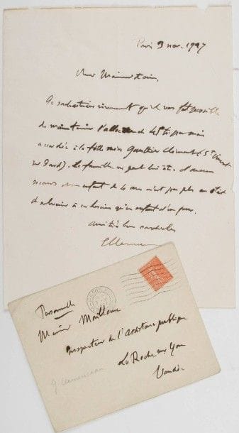 Georges CLEMENCEAU (1841-1929). L.A.S., Paris 3 novembre 1927, à M. Maillaux, inspecteur de l’Assistance publique à La Roche sur Yon (Vendée) ; 1 page in-4, enveloppe.
Il demande le maintien de « l’allocation de 45 fr. par mois accordée à la fille mère Gauthier Clément (St Vincent sur Jard). La famille ne peut lui être d’aucun secours et un enfant de 4 ans n’est pas plus en état de subvenir à ses besoins qu’un enfant d’un jour »…