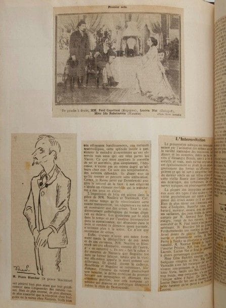 [Fedor dostoIevski (1821-1881)]. Fernand nozière (1874-1931) et Vladimir bienstock (1868-1933). Tapuscrit, L’Idiot, [1925] ; 216 pages in-4 dactylographiées (copie carbone, avec de rares corrections à la plume), cachet de l’Agence générale de copies dramatiques et littéraires H. Compère, monté sur onglets avec d’autres documents en un vol. petit in-fol. relié demi-chagrin noir (rel. un peu frottée).
Adaptation dramatique de L’Idiot de Dostoievski, créée au Théâtre du Vaudeville le 31 mars 1925, avec Pierre Blanchar dans le rôle de Muichkine, et Ida Rubinstein dans celui de Nastasia, dans des décors et costumes d’Alexandre Benois ; elle fut publiée sous le seul nom de Nozière, à titre posthume, dans Les Œuvres libres (n° 125, novembre 1931).. On a relié avec le tapuscrit : le programme du spectacle et un programme de luxe illustré ; une invitation à la répétition générale avec le prospectus donnant la distribution ; l’ensemble des coupures de presse, en français et en russe.
