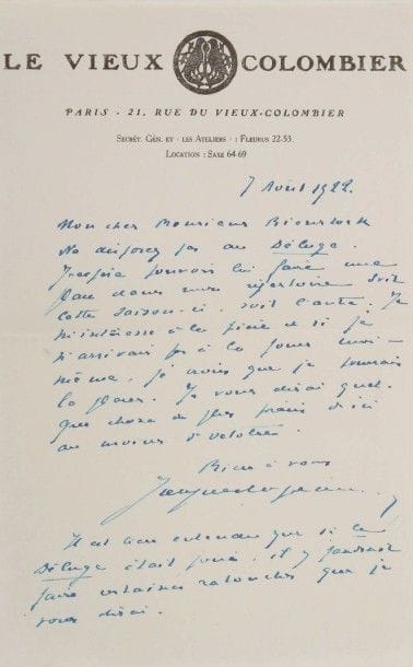 ÉCRIVAINS. 20 lettres, la plupart L.A.S., à Vladimir Bienstock.
Jacques Copeau (1922, il espère monter Le Déluge), Félix Fénéon (1923, reçu pour la nouvelle Un adolescent de Dostoievski), Fabius Finkielman (2 de 1935, au sujet de la traduction du Déluge, et de La Garde blanche de Boulgakov), Ossip Gabrilowitch (1910), Maurice Hennequin (6), Victor Margueritte (2, 1929-1930), A. de Riccardi, Pierre Veber (3), Pierre Wolff, Xanrof, Mme Zulawska (sur la pièce de son mari Eros et Psyché).