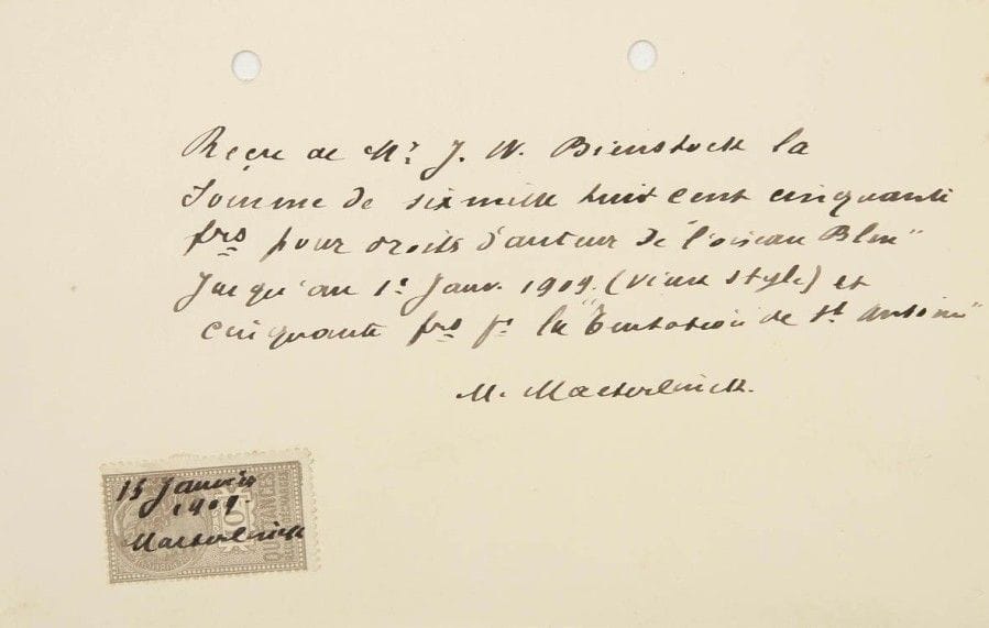 Maurice MAETERLINCK (1862-1949). 35 L.A.S., 1903-1914, à Vladimir Bienstock ; env. 47 pages in-8 ou in-12, 9 adresses (trous de classeur).
Importante correspondance sur les traductions et représentations de L’Oiseau bleu et de ses pièces en Russie.. 20 avril 1903. Il a reçu le versement pour « les deux premières éditions russes de Joyzelle » ; il répète au Gymnase… 2 avril 1907. Si la maison Schipovnik s’engage à protéger L’Oiseau bleu en tous pays, y compris l’Amérique, il l’autorise à en faire l’édition cet automne. « Mais il faudra qu’elle garantisse formellement ces précautions indispensables »… 12 avril. Il n’a jamais reçu la lettre de Stanislavsky [qui va créer L’Oiseau bleu au Théâtre artistique de Moscou en septembre 1908], et ne peut donc répondre à ses idées de projets : « Si le Théâtre artistique avait voulu monter L’Oiseau bleu d’une manière exactement conforme à mes intentions, il aurait dû adopter les maquettes de Doudelet faites directement sur mes indications. Du moment qu’on est allé dans une autre direction tout contrôle m’échappe et je n’assume plus aucune responsabilité ». Ce qu’on dit des Anges, « du décor vu par un enfant, etc. est fort bien en principe, mais extrêmement dangereux et difficile à réaliser »… 23 avril. Il croyait que l’accord avec le Théâtre de Moscou était déjà conclu, et les conditions bien arrêtées… Saint-Wandrille 12 juin. Il aborde la question du partage des droits éventuels [pour L’Oiseau bleu], s’appuyant sur ses arrangements avec ses traducteurs allemands et anglais : « Il est vrai que la Russie forme une situation exceptionnelle qui justifie pour le traducteur des conditions exceptionnelles », et il est prêt pour cette pièce à accepter le « partage par moitié pur et simple »… 17 juin. La combinaison proposée est parfaite : Maeterlinck récapitule les termes du partage des droits de la traduction russe et son exploitation théâtrale… 2 septembre. L’accord est entendu : « surtout que l’édition russe soigne le copyright a