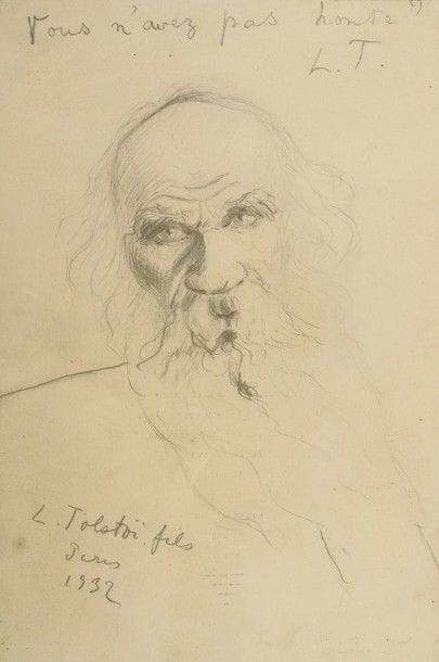 Léon TOLSTOI fils (1869-1945) écrivain et sculpteur. Dessin original signé et daté en bas à gauche : « L. Tolstoï fils Paris 1932 » ; mine de plomb ; 29,5 x 19,5 cm à vue (sous verre).
Beau portrait de Léon Tolstoï par son fils, qui a inscrit dans le haut cette citation : « Vous n’avez pas honte ? L.T. »