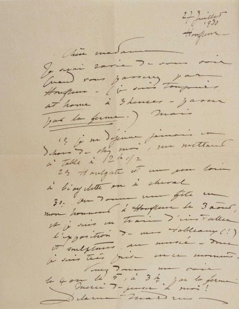 Lucie DELARUE-MARDRUS (1880-1945) poétesse. L.A.S., Honfleur 27 juillet 1930, à Madame Van Dongen ; 1 page in-4, enveloppe.
Elle sera ravie de la voir quand elle passera par Honfleur ; elle l’avertit qu’elle déjeune toujours chez elle, et que « Houlgate est un peu loin à bicyclette et à cheval ». De plus « On donne une fête en mon honneur à Honfleur le 3 août, et je suis en train d’installer l’exposition de mes tableaux (!) et sculptures au musée – donc je suis très prise en ce moment »…