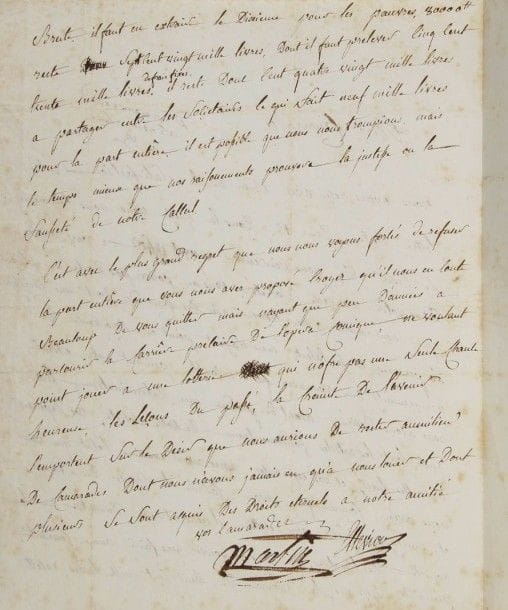 François elleviou (1769-1842) chanteur, comédien et librettiste. L.A.S., signée aussi par le baryton Jean-Blaise Martin, [1801 ?], « aux artistes sociétaires du Théâtre Feydeau » ; 2 pages in-4, adresse (portrait joint).
Intéressante lettre sur la nouvelle société du Théâtre Feydeau. Ils seraient certes heureux de se « trouver avec des camarades dont nous cherissons la persone et le talent ; mais n’ayant point eu conoissance des arrangements que vous avez faits ensemble pendant notre absence, nous avons desiré, avant de prendre une determination, savoir quels sont les articles fondamenteaux de votre societé, vos depenses annuelles fixes, et vos esperances. Après avoir examiné l’etat que vous nous avez communiqué, avoir calculé les chances des saisons, et quels peuvent être vos recettes, il nous est resté demontré, vu le nombre des theâtres, que vous ne pouvez pas faire année courante, pendant cinq ans, la somme de huit cent mille livres, recette brute », dont il faut enlever le dixième pour les pauvres et les frais fixes, ce qui laisserait 9.000 livres pour la part entière, ce qu’ils refusent : « il nous en coute beaucoup de vous quitter mais nayant que peu d’années a parcourir la carrière precaire de l’opera comique, ne voulant point jouer a une lotterie qui n’offre pas une seule chance heureuse, les leçons du passé, la crainte de l’avenir l’emportent sur le desir que nous aurions de rester au milieu de camarades dont nous n’avons jamais eu qu’à nous louer »...