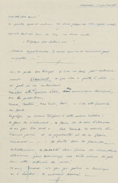 Hans BELLMER (1902-1975). L.A.S. « H », [Castres] 11 juillet 1945, à Joë Bousquet ; 4 pages in-8, enveloppe.
Belle lettre sur les surréalistes et ses projets.. … « Oui, on perd son temps si l’on ne fait pas exclusivement l’essentiel, ce que l’on a juste à dire – on perd sa vie autrement. Transfert de l’égoïsme atroce, du narcissisme démesuré, sur la production. Éluard, Breton, Max Ernst, Dali, – c’est cette formule au fond. Les pièges, ça revient toujours à cette même histoire : la peur de l’isolement, la faim de se créer l’illusion de ne pas être seul : chez Eluard la recherche dès l’année passée de la popularité et de la gloire ; chez moi : la fuite dans la famille ». Les circonstances extérieures jouent un grand rôle dans ces destinées : Éluard n’a pas pu partir à Londres ou en Amérique au bon moment ; et lui doit tenir la maison en l’absence de sa femme… Une personne semble intéressée par son Album malgré son prix effrayant, « c’est encore un gagne-pain envisageable. Il faut que je fasse – jusqu’à Noël – au moins deux publications ». Il attend les épreuves du photographe, qu’il lui fera suivre. S’il acceptait d’écrire un texte pour l’ouvrage, il serait fou de joie : « un texte comme il y avait une fois un conte dans une de vos lettres – alors raconté peut-être par une mineure – une imagination de petite fille. Parisot veut s’occuper de collaboration parisienne (Bataille, Arp, Prassinos, Michaux – ensuite il m’a parlé de Char (?) de Paulhan (!?) – mais là –cela me paraît douteux », et il hésite pour Gracq : « Parrot joue “Gracq” et “Char” contre le Surréaliste Scutenaire ! » Il n’a pas de réponse de Breton, et écrit à Max [Ernst]. Il va lui faire passer « le dessin qui vous appartient, le frontispice des Œillades »… Les projets ne manquent pas : « – L’Anatomie ; – un texte que vous vouliez faire à mon sujet ; – la série de dessins de 1936 ; - Et le Feu – à l’aise »…