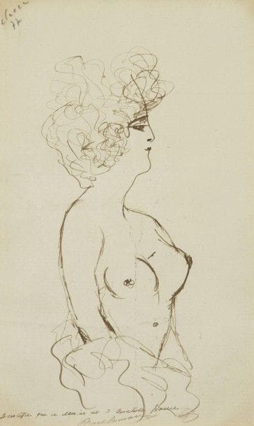 Anatole France (1844-1924). Dessin original à la plume ; 17 x 10,5 cm.
Femme aux seins nus. Le dessin est authentifié en bas par son ami Noël Charavay : « Je certifie que ce dessin est d’Anatole France ». Sur la page 4, Anatole France a tracé une autre esquisse du visage de cette femme, à côté d’une adresse manuscrite : « Mlle Lienard 40 rue de La Rochefoucauld ».. « D’après Claude Roger-Marx, Anatole France aimait copier les tableaux de maître […] Il est, de ce fait, tentant de rapprocher ce dessin de la Blonde aux seins nus peinte par Manet en 1878 » (Laurence Bardury).. Exposition Dessins d’écrivains français du XIXe siècle (Maison de Balzac, 1983, n° 39).
