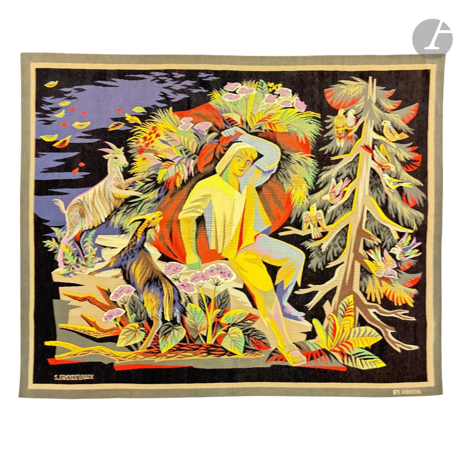 SYLVAIN FROIDEVAUX (1907-2001) PAINTER-CARTONNIER & PINTON FRERES WEAVER IN AUBUSSON 
Pastoral scene
Wool tapestry.
Dusty and sunblind.
H. 163 cm - L. 200 cm

Special collection conditions: Lots to be collected after the sale on Monday June 15 and Tuesday June 16 at Saint-Ouen.