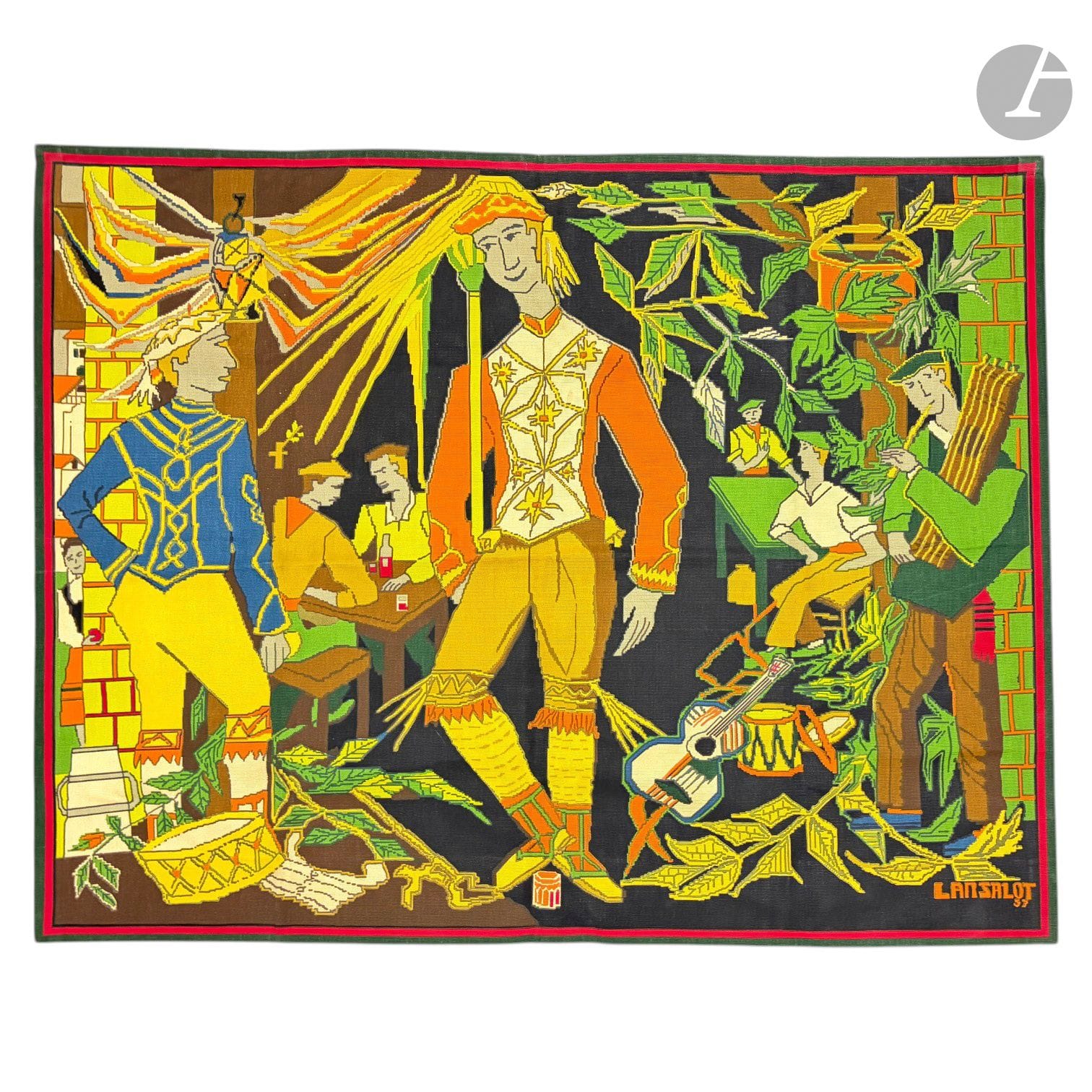 LANSALOT (1919-1989) PAINTER-CARTONNIER &amp; HENRI DUPREZ &amp; CIE &amp; EDITIONS D'ART SUR TEXTILES PARIS
La Danse du verre, 1957
Printed cotton canvas.
Numbered 54/1000 and signed on its bolduc. 
H. 109 cm - L. 141 cm

Special collection conditions: Lots to be collected after the sale on Monday June 15 and Tuesday June 16 at Saint-Ouen.