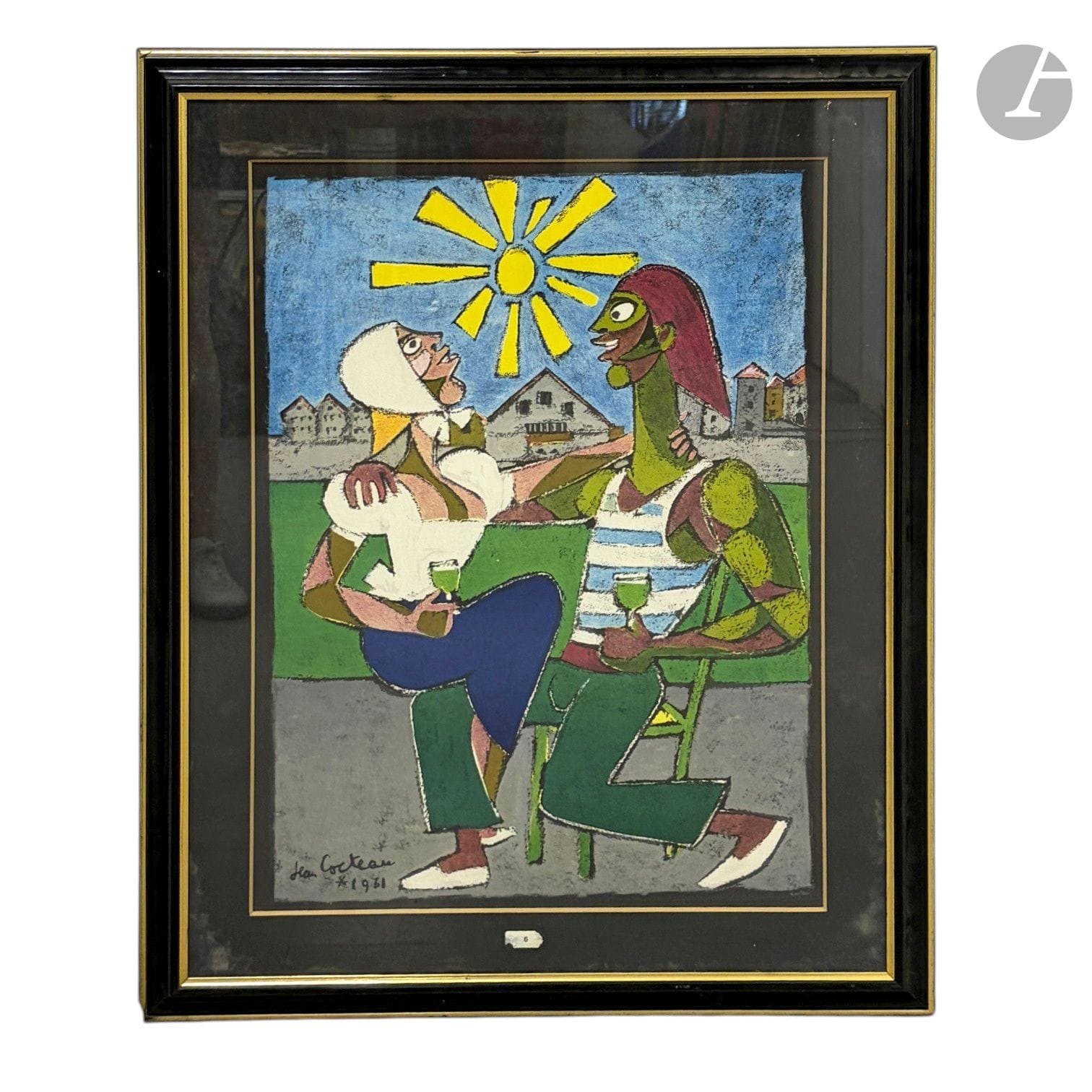 JEAN COCTEAU (1889-1963) (d'après)
Les Innamorati
Lithographie en couleurs réalisée en 1990 à partir d'un pastel de 1961 par l'atelier Méditeranéenne du Pardo.
Numérotée 210/300.
Encadrée.
Traces de moisissures.
H. 65 cm - L. 47 cm (à vue)

Conditions de retrait particulières : Lots à récupérer après la vente le lundi 15 et mardi 16 juin à Saint-Ouen.