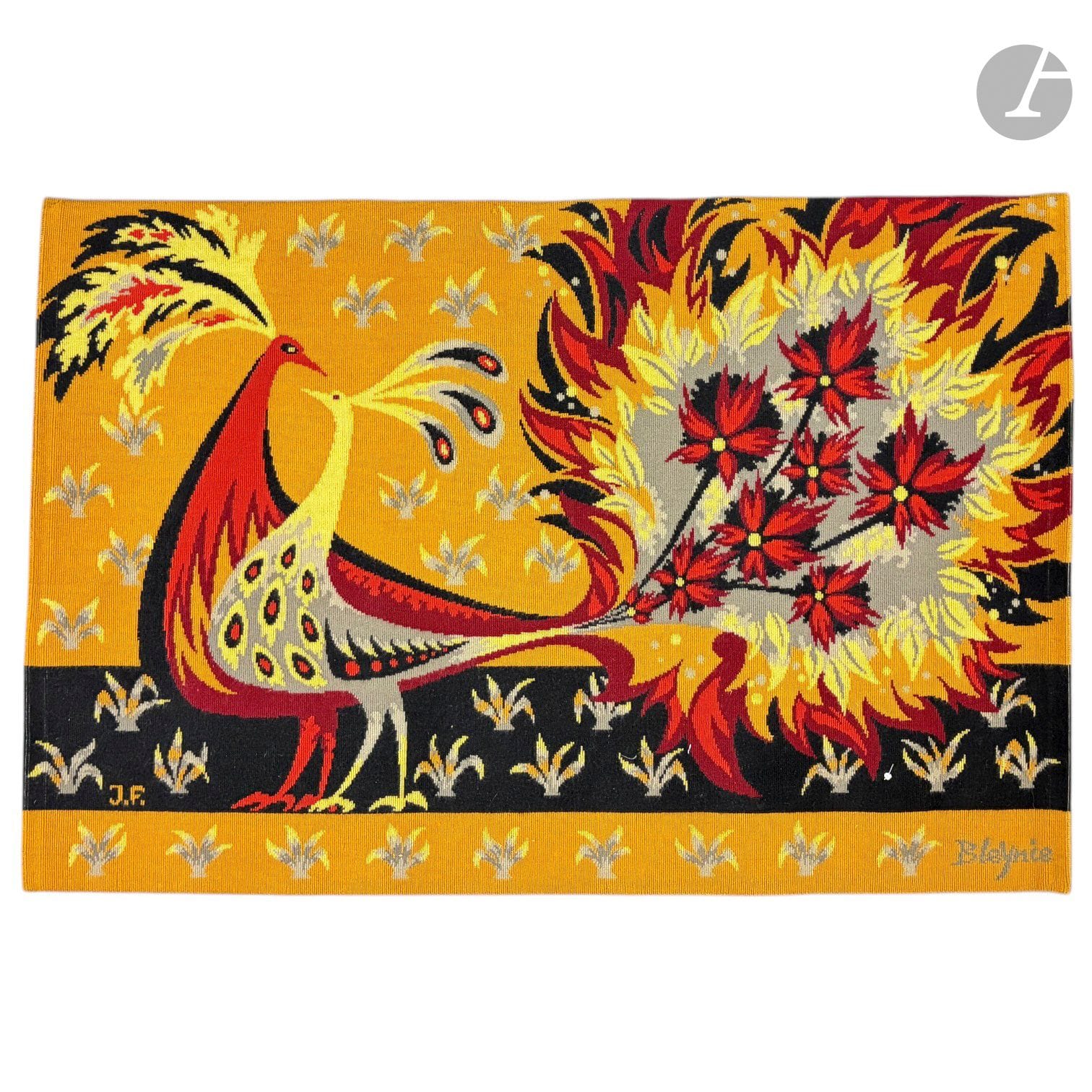 CLAUDE BLEYNIE (1923-2016) PAINTER-CARTONNIER &amp; J.F LISSIER
Red birds
Jacquard tapestry. 
H. 95 cm - L. 143 cm 

Special collection conditions: Lots to be collected after the sale on Monday June 15 and Tuesday June 16 at Saint-Ouen.