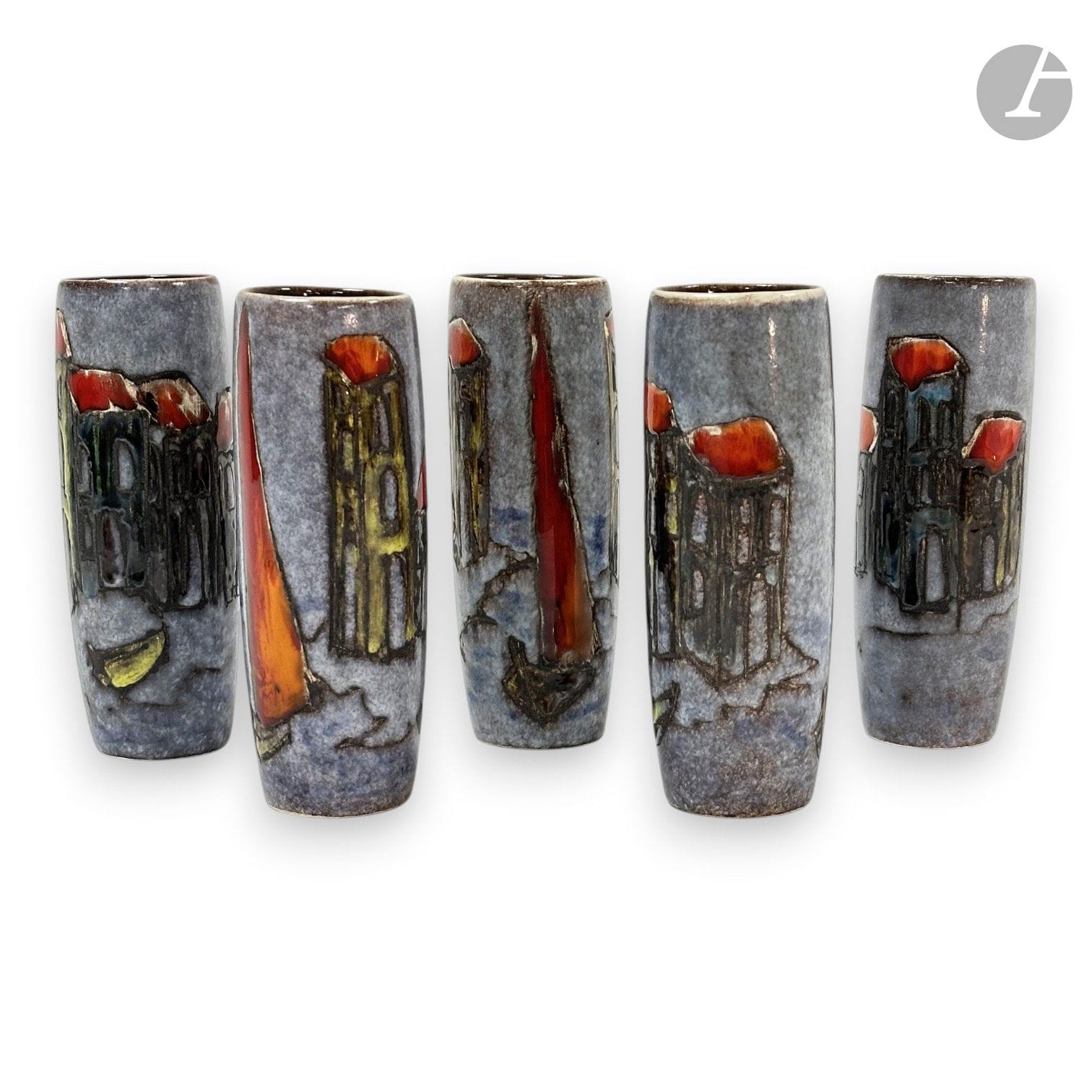 1970S WORK - VALLAURIS
Boat in port
Set of 5 polychrome glazed ceramic scroll vases.
Stamped under the base.
H. 19 cm

Special collection conditions: Lots to be collected after the sale on Monday June 15 and Tuesday June 16 at Saint-Ouen.