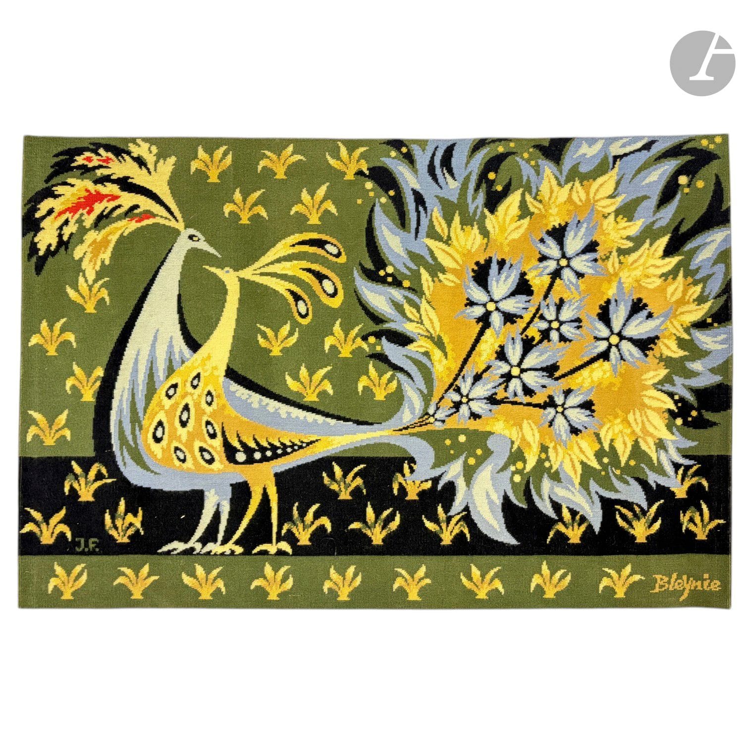 CLAUDE BLEYNIE (1923-2016) PAINTER-CARTONNIER &amp; J.F LISSIER
Blue birds - Red birds
Two wool tapestries.
H. 94 cm - L. 142 cm each

Special collection conditions: Lots to be collected after the sale on Monday June 15 and Tuesday June 16 at Saint-Ouen.