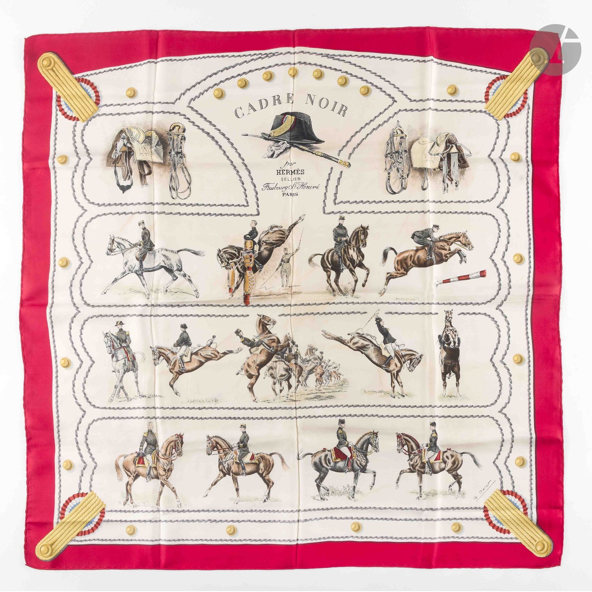 HERMÈS PARIS
"Cadre Noir" 90 Carré in silk twill, designed by G. Margot, with a red border. In its box
(a few stains or traces of makeup; the rolled edge is crushed)