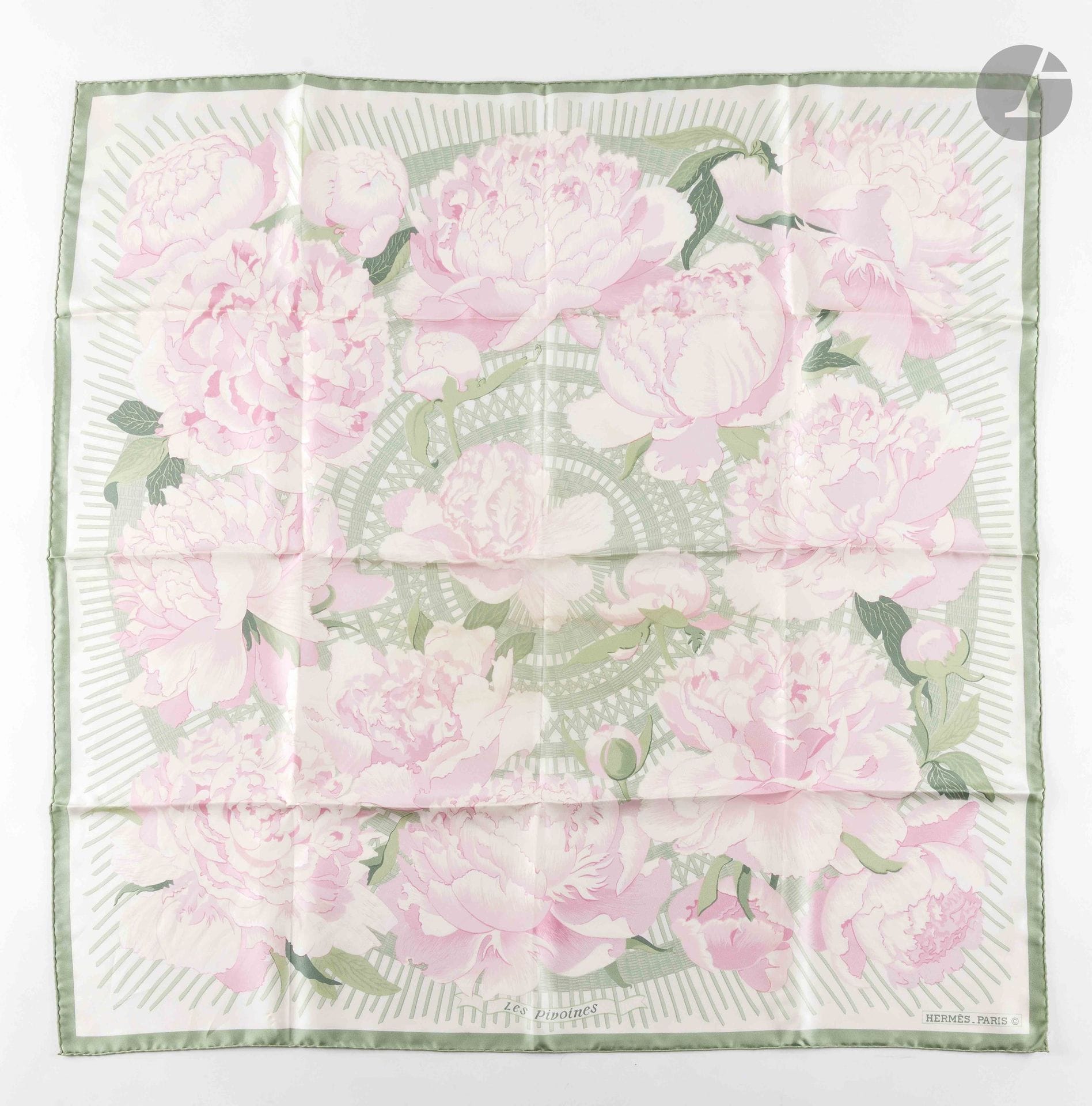 HERMÈS PARIS
"Les Pivoines" 90 Carré in silk twill, in shades of green and pink. In its box
(in near-new condition)