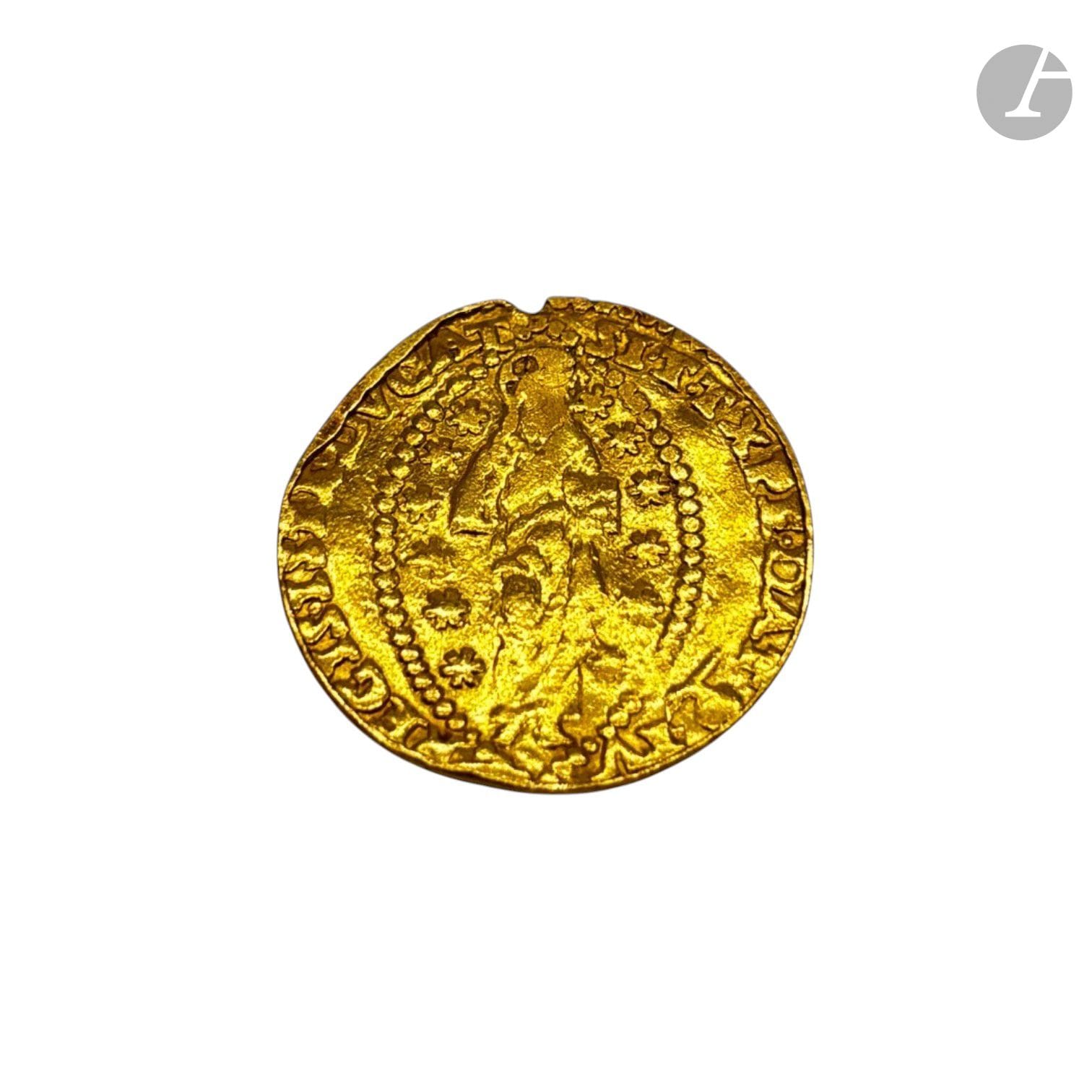 Une pièce d'1 zecchino en or jaune, doge Paolo Renier (1779-1789). 
Poids net : 3.37 g

FRAIS ACHETEUR : 8% HT
