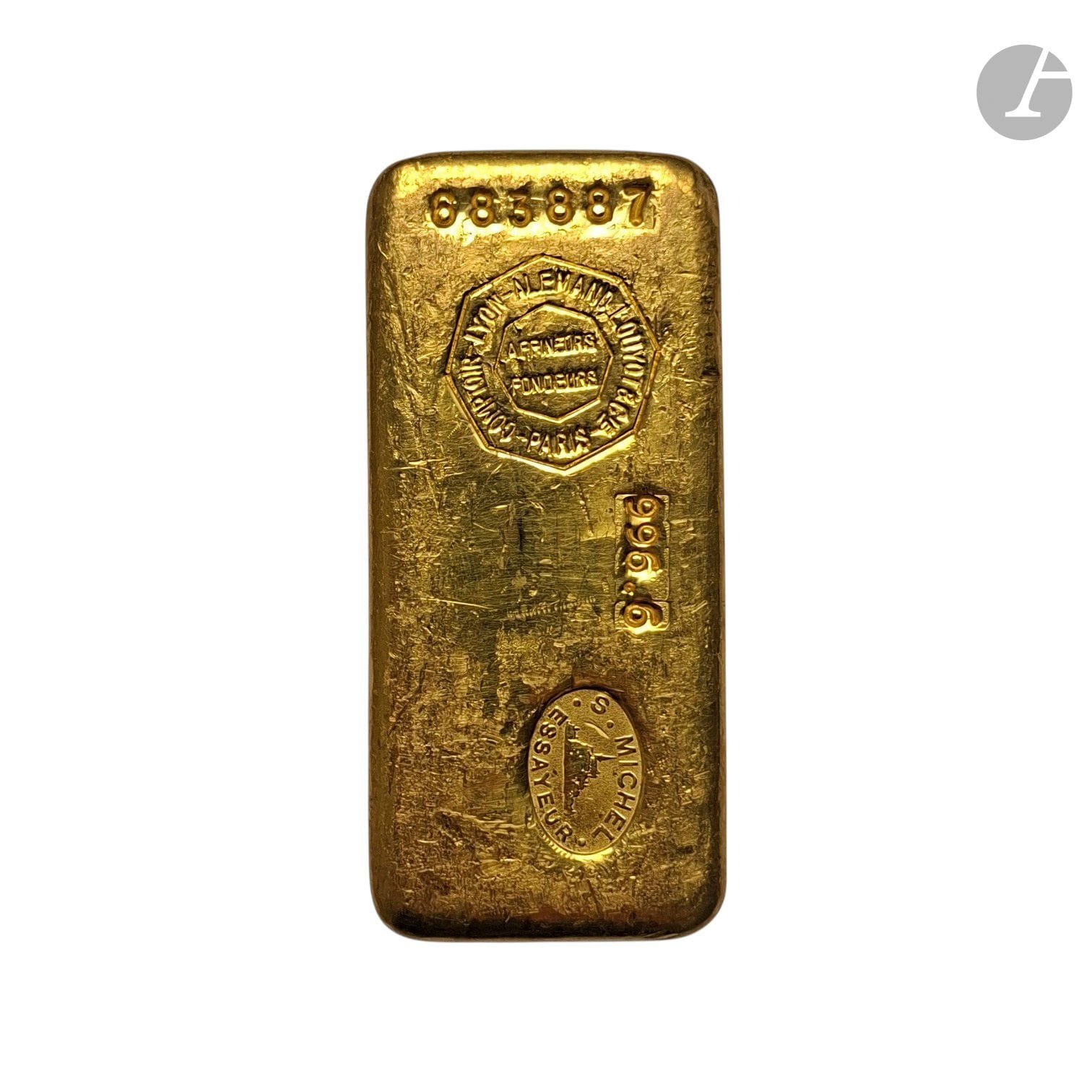 A 996.6/°°° gold bar, numbered 683887.
Mint: Louyot et Cie. 
Net weight: 999.84 g.

BUYER'S FEES: 8% (excluding tax)