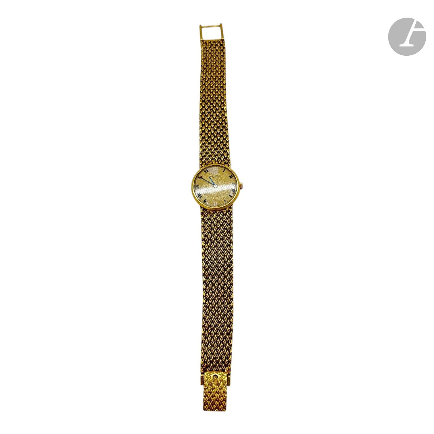 UNIVERSAL GENEVE 
Montre bracelet en or jaune 750/°°° à maille tressée, boîtier rond.
L. : 19 cm 
Poids brut : 50.9 g
(Manques à l'émail du cadran).

FRAIS ACHETEUR : 8% HT