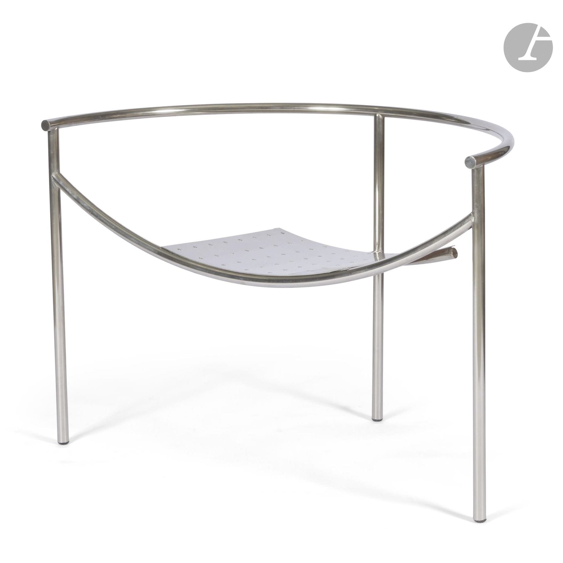 PHILIPPE STARCK (BORN IN 1949) DESIGNER & XO PUBLISHER
Dr. Sonderbar, the model designed in [1983]
Pair of modernist tripod armchairs in perforated metal and chrome-plated tubular metal. The seat is slightly curved, and the backrest is semicircular. H.63cm – W.91cm – D.48cm

Public collections and related works:
- Mobilier National, Paris – An identical piece is held in this institution’s collections under inventory number GMT 28276.
- Centre Pompidou, Paris – An identical piece is held in this institution’s collections under inventory number AM 2005-1-48.
- Victoria & Albert Museum, London – An identical piece is held in this institution’s collection under inventory number W.3-2012.

Bibliography:
- Various Authors – Philippe Starck® – Taschen, Cologne, 1991. An identical model is reproduced on page 34 and described on page 164.
- Philippe Starck and Simone Philippi (eds.) – Starck – Taschen, Cologne, 2000. An identical model is reproduced on page 199.