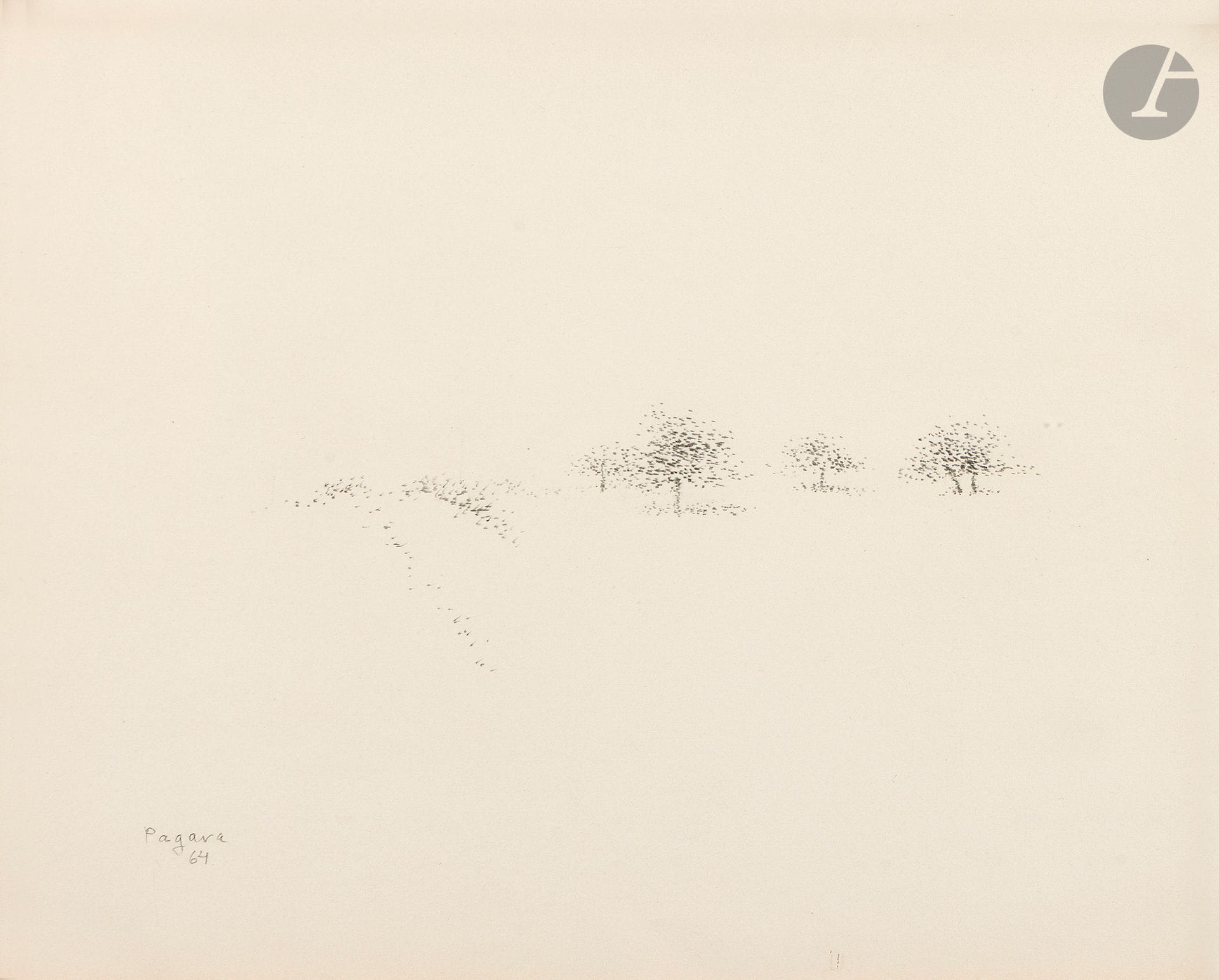 Véra PAGAVA [géorgienne] (1907-1988)
Ogny, Les Pommiers, 1964
Crayon noir sur feuille de carnet.
Signé et daté en bas à gauche.
Titré et situé au dos.
21 x 27 cm