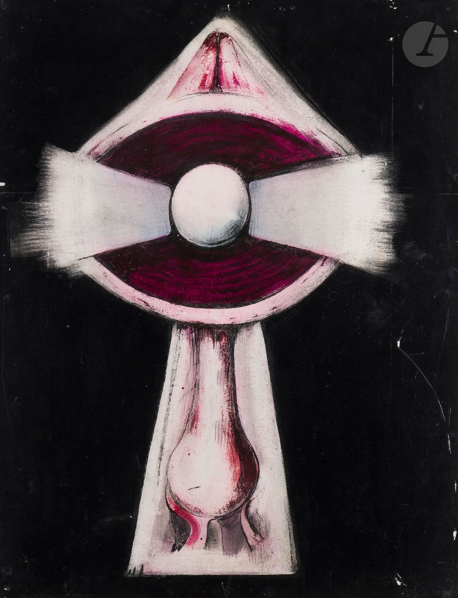 Irena DEDICOVA (1932-1990)
Signal 2
Huile et encre sur papier contrecollé sur panneau.
Non signée, titrée au dos. 
(Petits manques).
65 x 50 cm