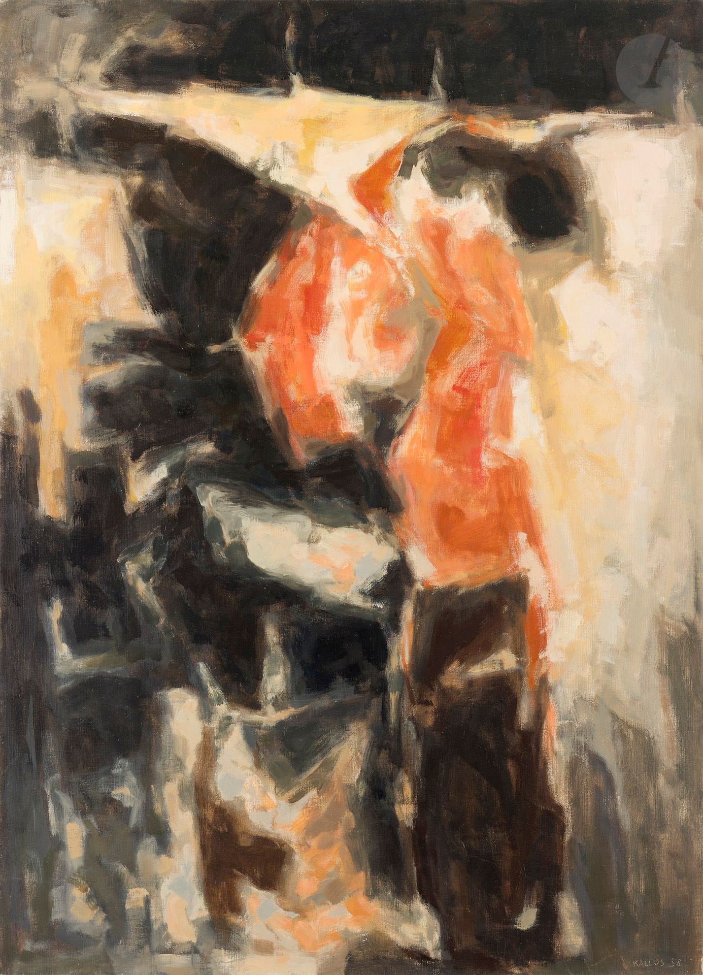 Paul KALLOS [hongrois] (1928-2001)
La Robe orange, 1958
Huile sur toile.
Signée et datée en bas à droite.
100 x 72 cm

Provenance : 
Galerie Bernard Zürcher, Paris (étiquette au dos).