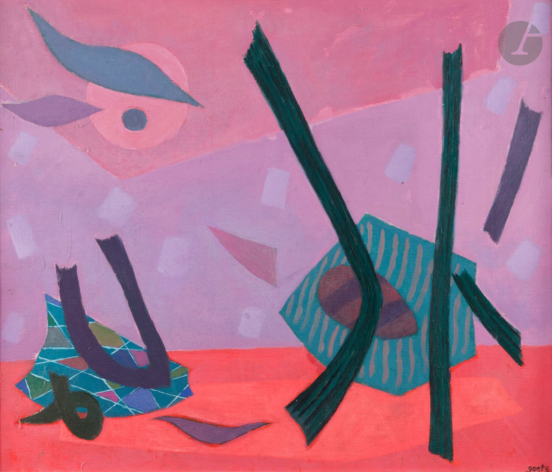 Henri GOETZ [franco-américain] (1909-1989)
Composition
Huile sur toile.
Signée en bas à droite.
(Rentoilée).
54 x 65 cm

Cette œuvre sera reproduite au Tome 2 du Catalogue Raisonné, sous le numéro 1977/22, actuellement en préparation par Monsieur Frédéric Nocera.
