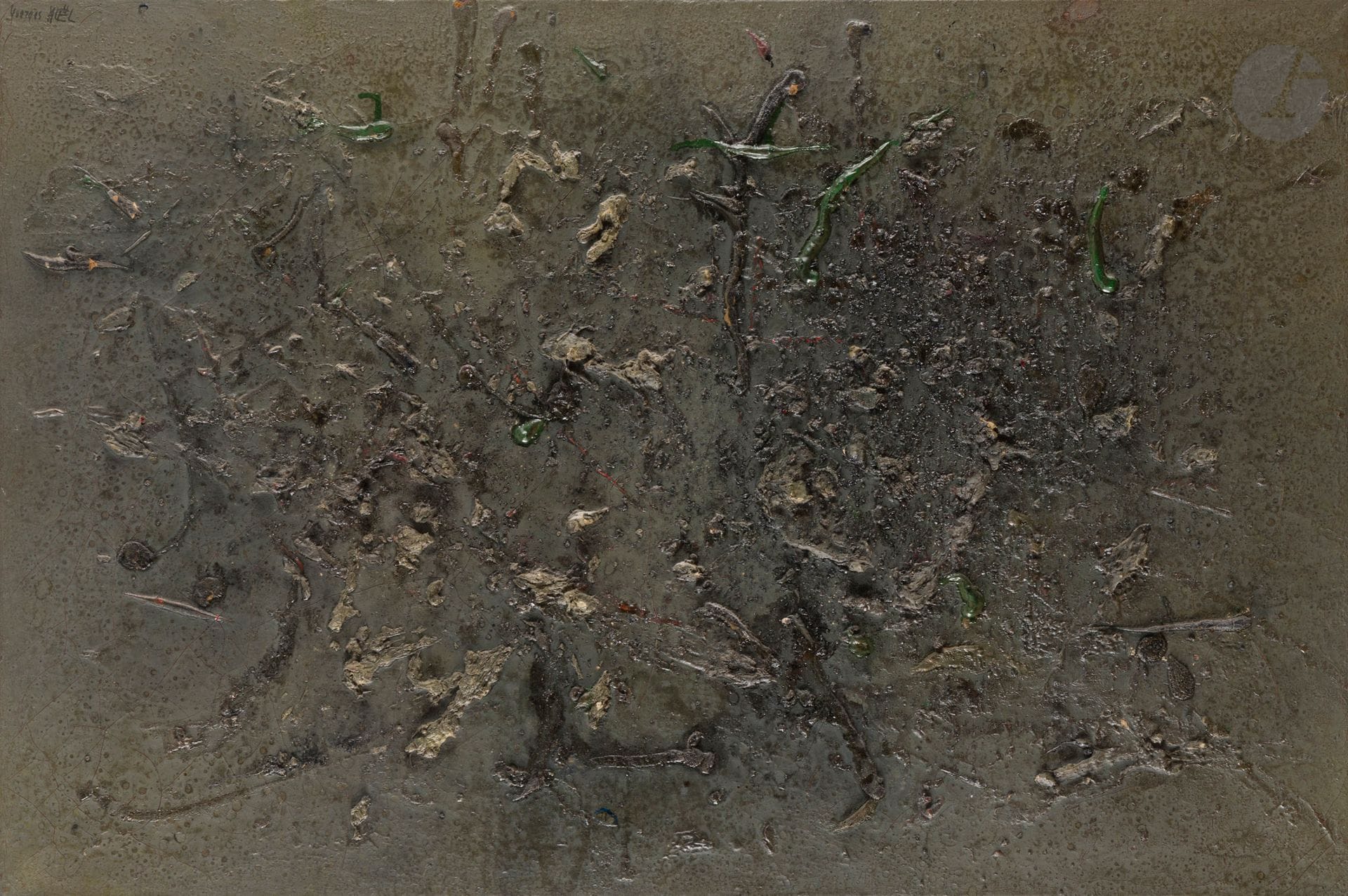 Georges NOËL (1924-2010)
!!! Gris, gris gris !!! 1957
Huile sur toile.
Signée en haut à gauche.
Titrée au dos.
(Craquelures et petits manques).
60 x 90 cm

Provenance : 
Collection Goutal, Paris.