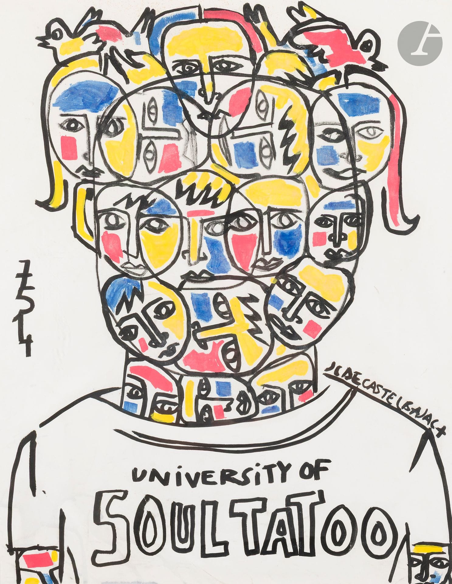 Jean-Charles de CASTELBAJAC (né en 1949)
University of Soul Tatoo
Encre et gouache.
Signée sur la droite.
(Plis et salissures).
64 x 49 cm