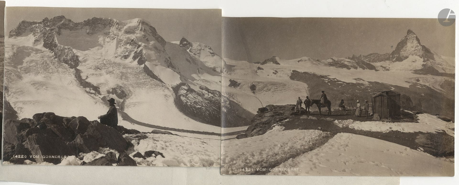 Photographe non identifié
Alpes suisses, c. 1880-1890.
Panorama à 360 degrés depuis le Gornergrat.
Huit épreuves sur papier albuminé assemblées entre elles. Mention "Vom Gornergrat" dans les négatifs.
Format total du panorama : 10,5 x 106 cm