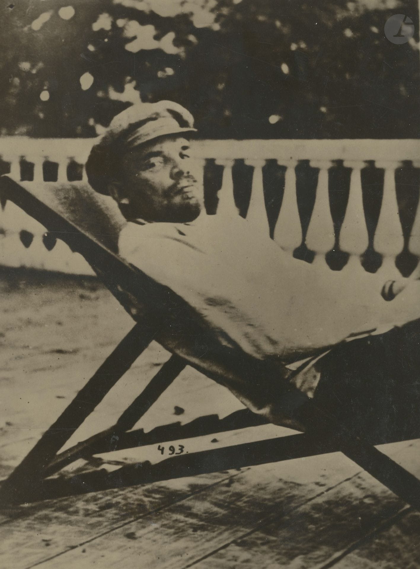 Unidentified photographer
Vladimir Ilyich Lenin at the sanatorium, c. 1922.
Period silver print. Agency stamp and press caption in English printed on a label on the reverse.
21.5 x 6.2 cm with margins