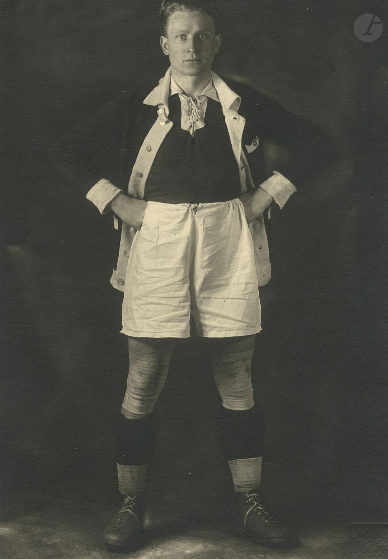 Frantisek Drtikol (1883–1961)
Czechoslovak soccer player Karel Pesek, c. 1927.
Two vintage silver prints, mounted on cardboard. The photographer’s dry stamps appear in the lower right corner of the prints.
21 x 17 and 22.3 x 15.3 cm