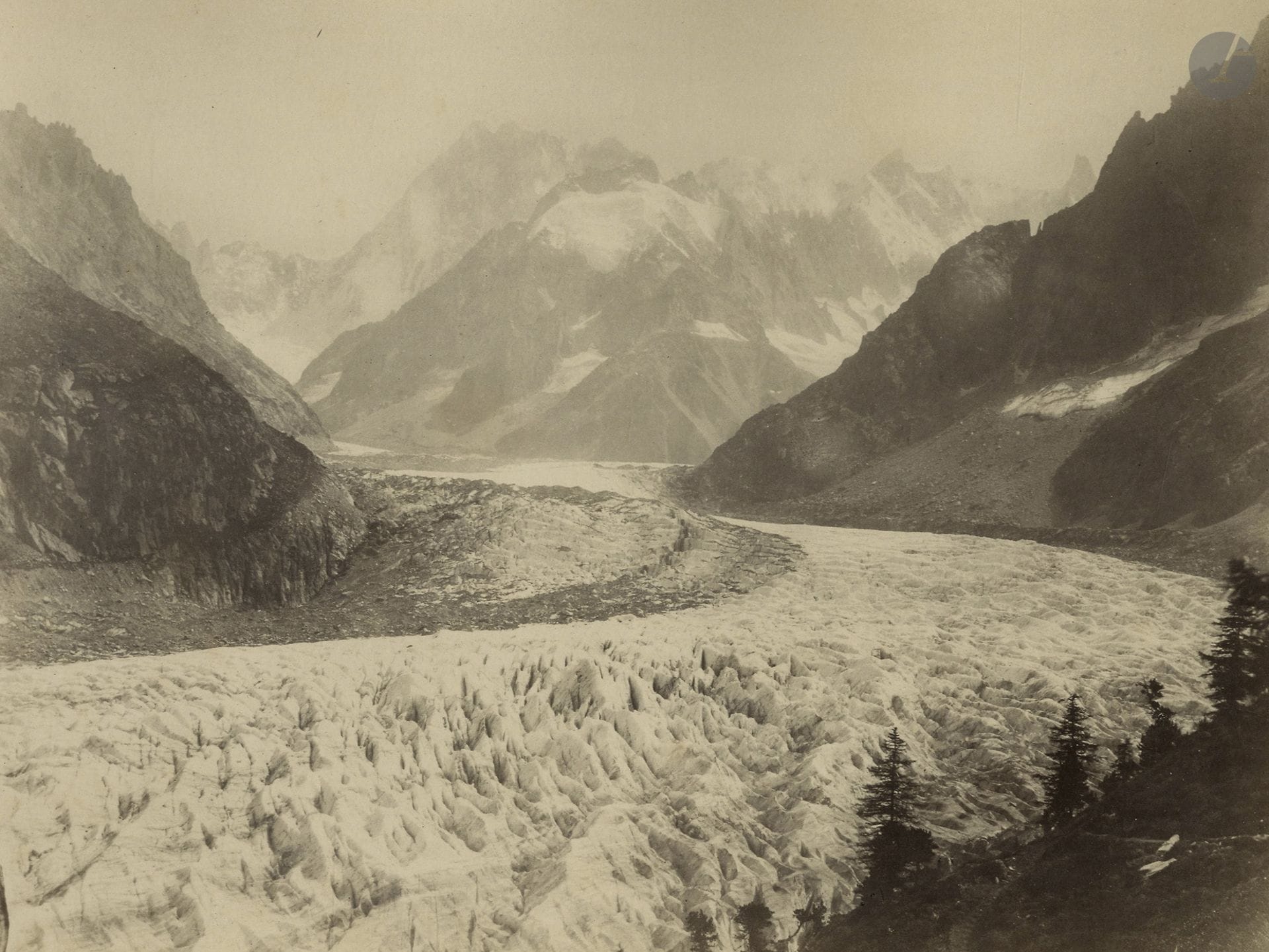 Charles Soulier (1816–1886)
Alps, c. 1865.
Mont Blanc, viewed from Le Brévent. The Mer de Glace, viewed from Montanverts. Sallanches and Mont Blanc.
Three albumen prints, mounted on cardboard. Titles and the inscription “Photographed from life by Ch. Soulier” on the mounts.
Medium format: 19 x 25 cm