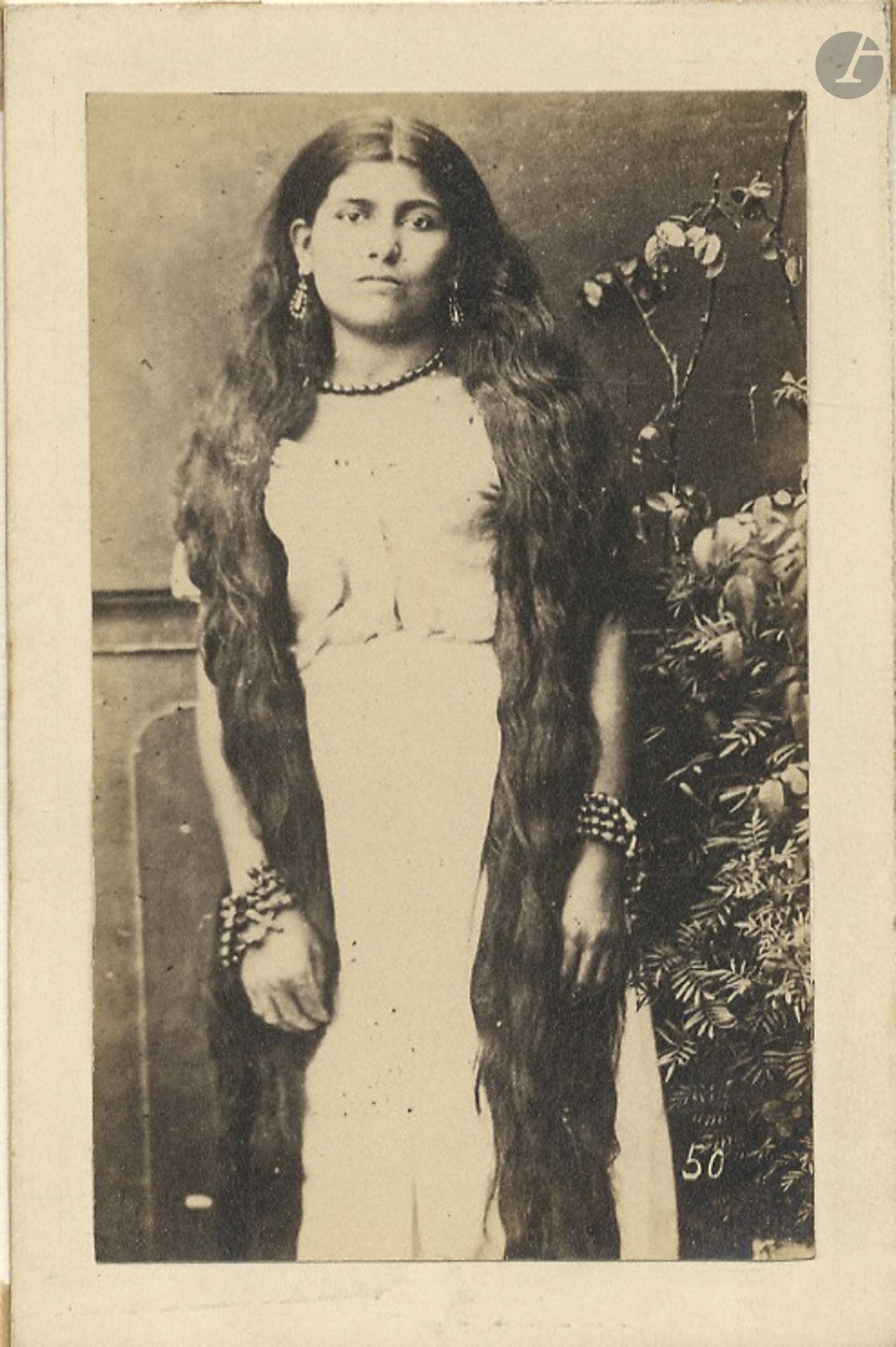 Tancrède Dumas (1830–1905)
Young Arab Woman with Long Hair. Nazareth, 1889.
Albumen print, mounted on cardboard.
5 x 8.2 cm