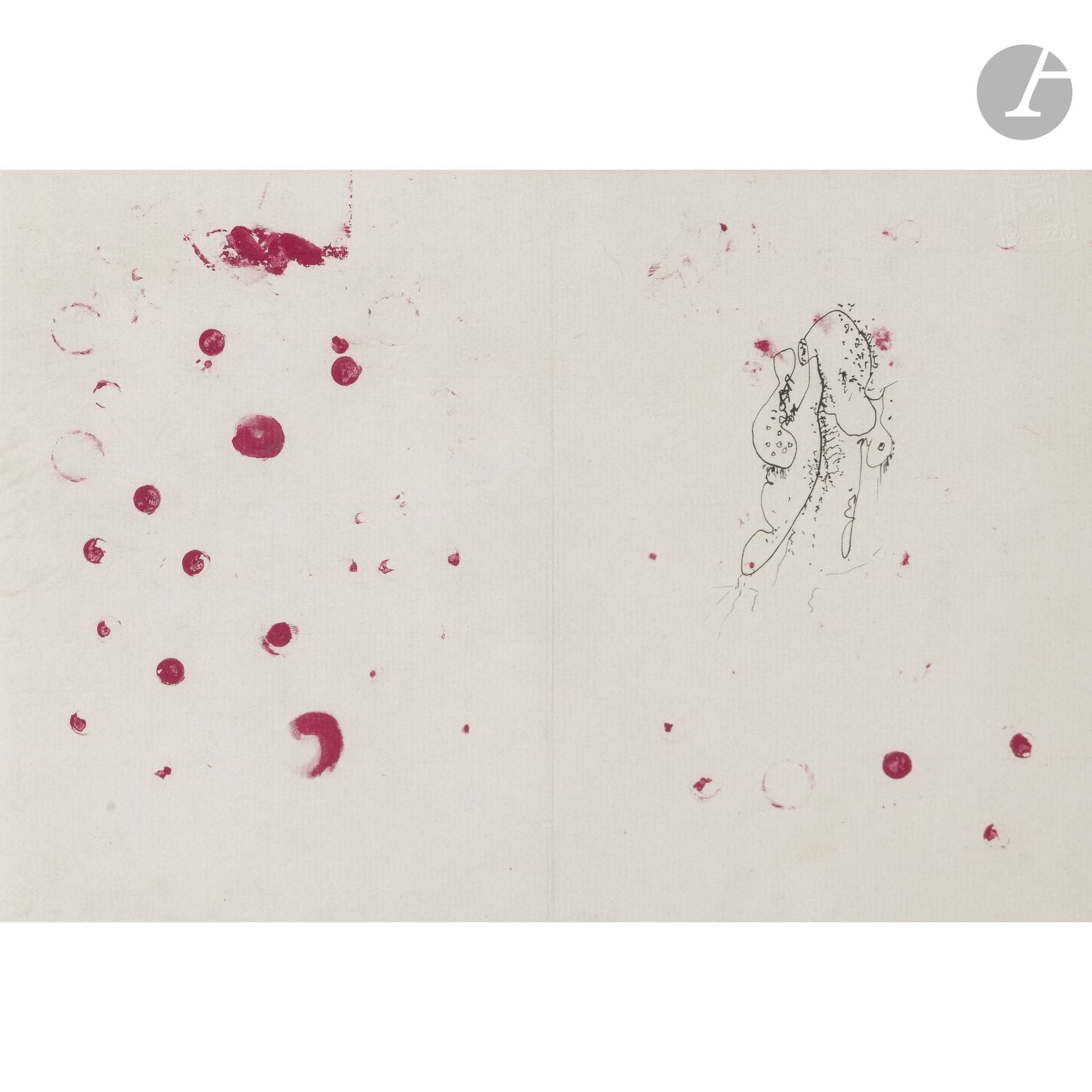 Alfred Otto Wolfgang SCHULZE, known as WOLS (1913–1951)
Les Petits rouges, ca. 1947
Black and red inks.
Stamp of the estate in the lower left corner.
(Center fold).
16 x 22.5 cm

Provenance: 
- Artist’s studio.
- Gréty Wols Collection, France.
- Marc Johannès Estate, France.
- Otto Wols auction, Deburaux et Associés, Paris, Hôtel Drouot, June 15, 2011, lot 57.
- Christie’s auction, Paris, June 30, 2020, lot 68.
- Alde auction, Paris, December 3, 2025, lot 154. 

Exhibition: 
- Wols: Drawings, Watercolors, Paintings, 1932–1951, Galerie Beaubourg, Paris, 1974, listed in the catalog.

Bibliography: 
- Shigeo Chiba, *The Work of Wols*, Ph.D. dissertation, University of Paris I, 1974, p. 220.
- Philipp Gutbrod, *Wols 1913–1951. Works on Paper. An Annotated Critical Catalog of Works*, Heidelberg (dissertation), 2003, no. A-704, reproduced.