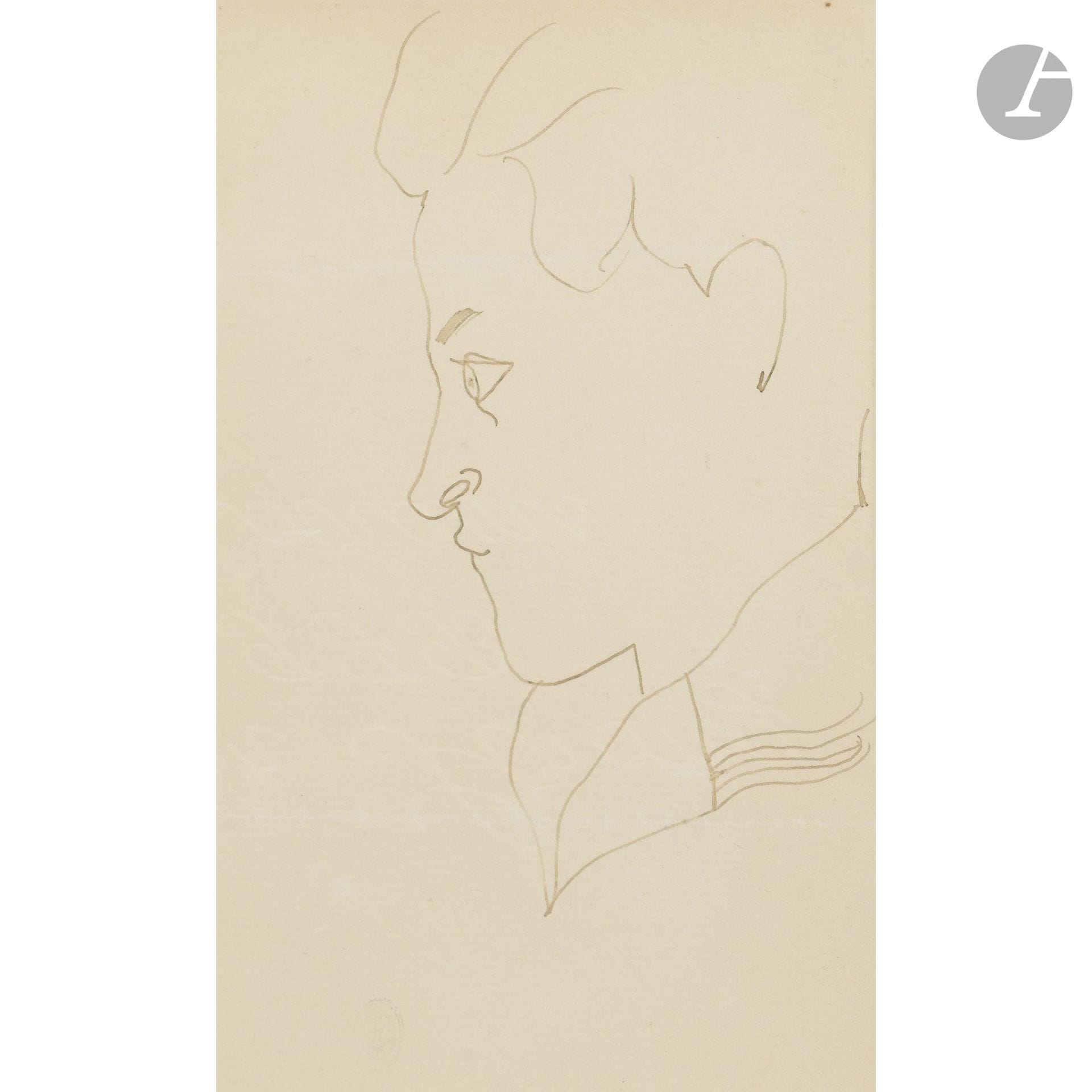 Jean COCTEAU (1889–1963)
Portrait of Jean Desbordes in profile
Brown ink.
Studio stamp in the lower left corner (erased).
12.5 x 19.5 cm

Mr. Dominique Bert has confirmed the authenticity of this work.

A certificate from the Guédras Archives will be provided upon request and at the purchaser’s expense.