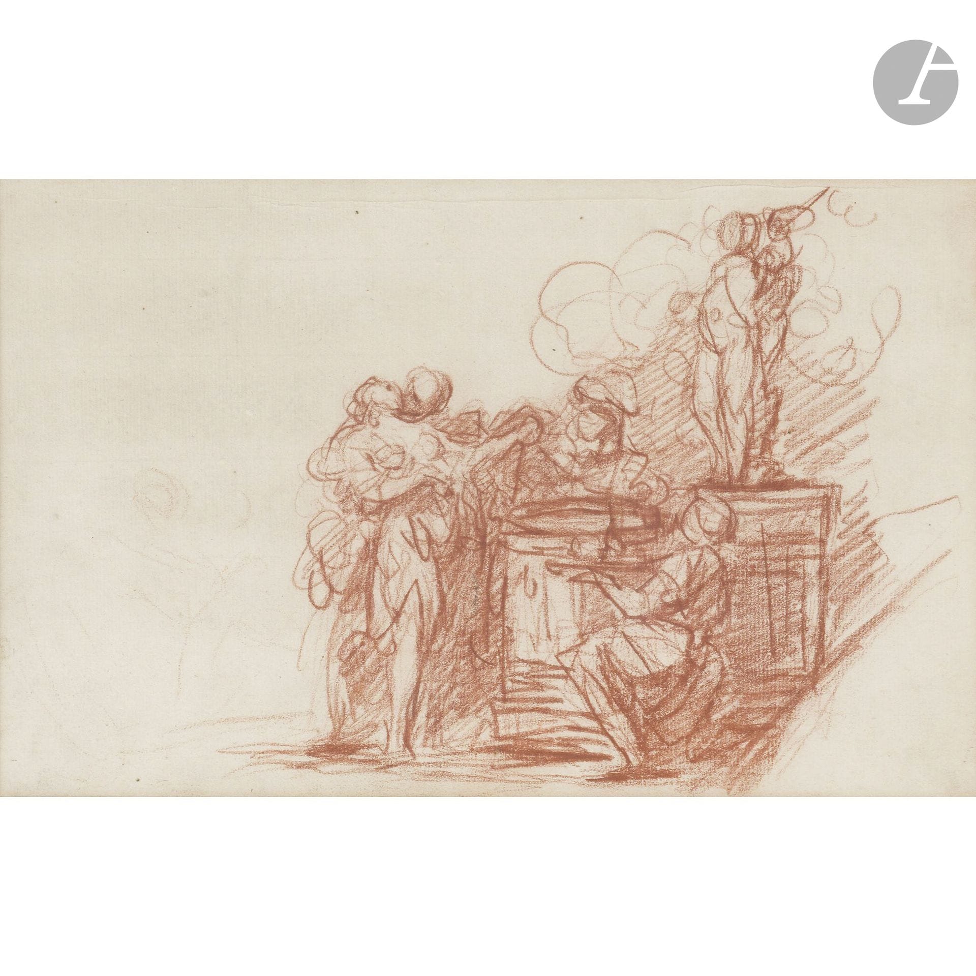 François Louis Joseph WATTEAU, known as WATTEAU DE LILLE 
(Valenciennes 1758 – Lille 1823)
The Offering to Venus
Red chalk and black chalk.
16 x 25 cm

Provenance:
According to inscription on the reverse: Alex Doucet No. 444.