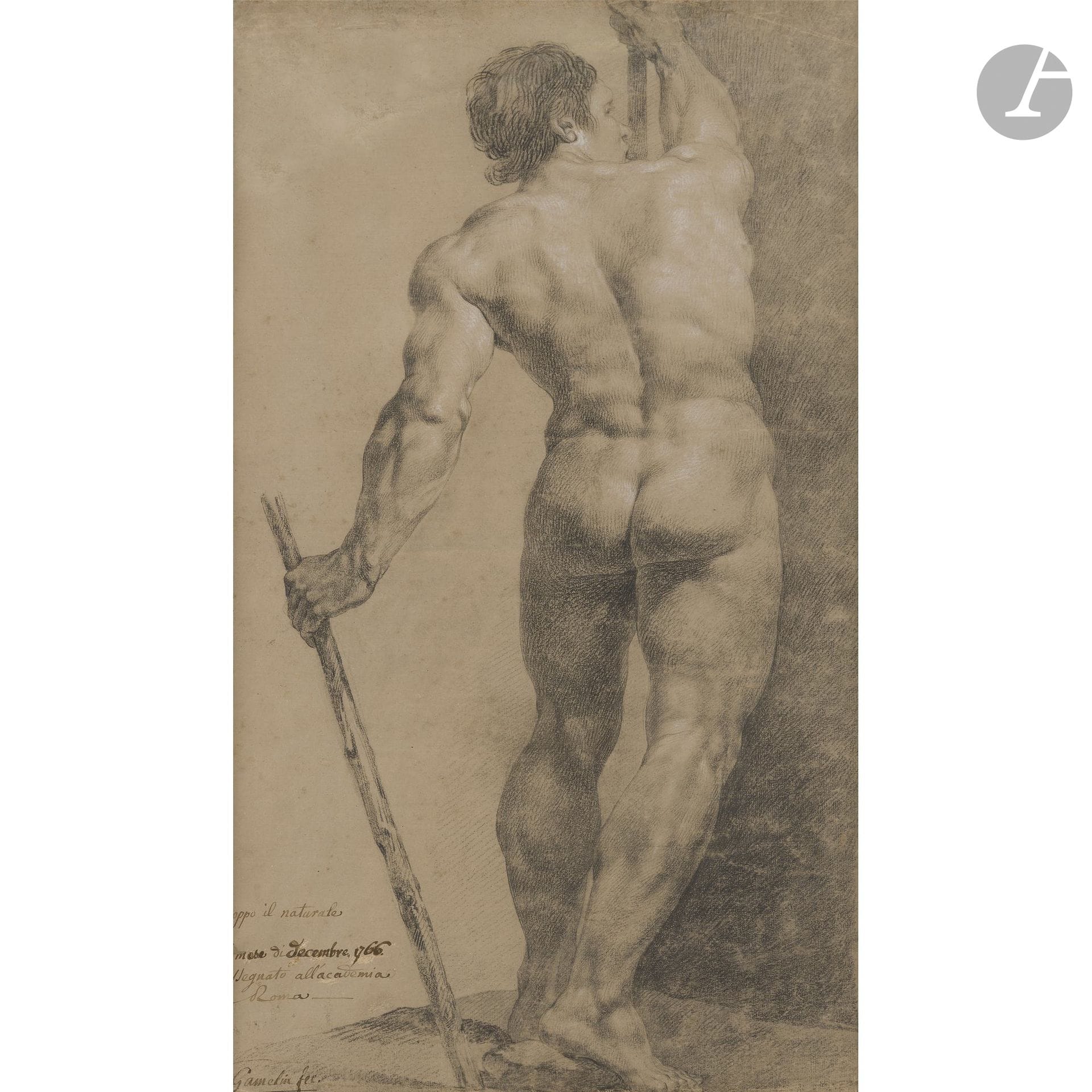 Jacques GAMELIN (Carcassonne 1738–1803)
Academic Study of a Man from Behind, 1766
Black pencil and white chalk highlights on primed paper.
Signed, dated, and inscribed “Academia Roma” in the lower left corner.
(Creases and signs of wear).
57 x 30 cm