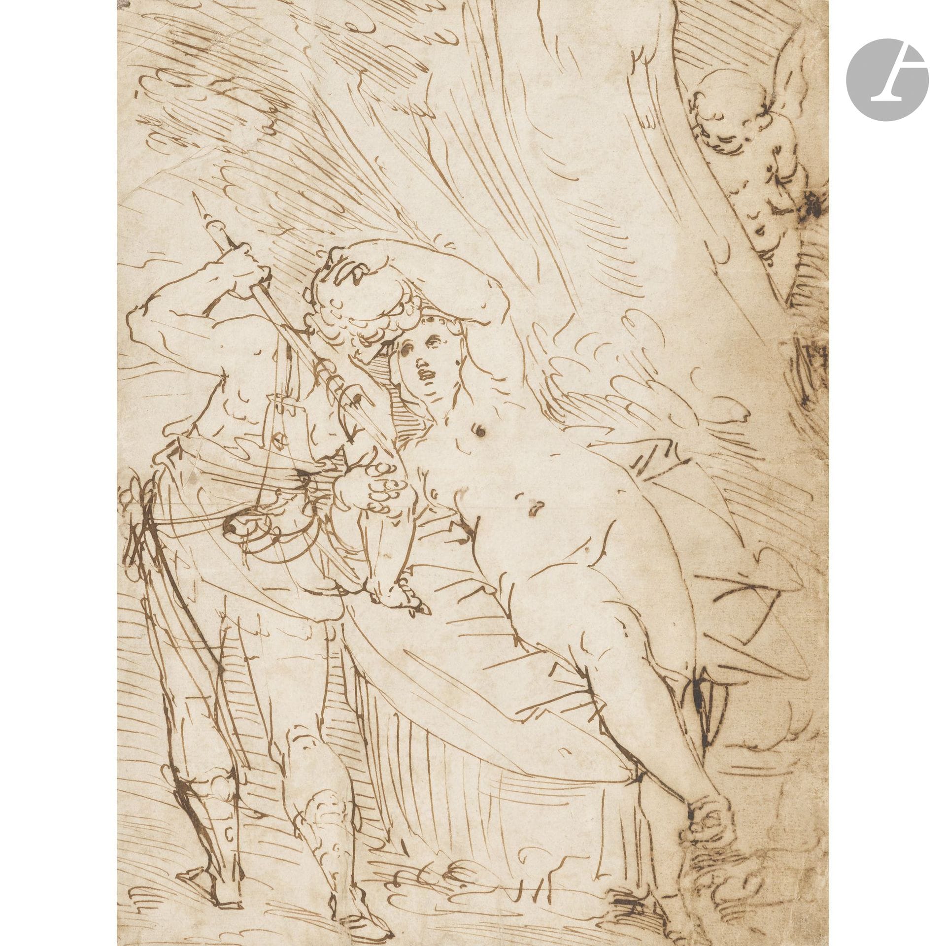 Attributed to Luca CAMBIASO (Moneglia 1527 – San Lorenzo de El Escorial 1585)
Venus and Adonis
Pen and brown ink.
(Worn pen and water stains; mounted on a backing.)
32 x 24 cm
