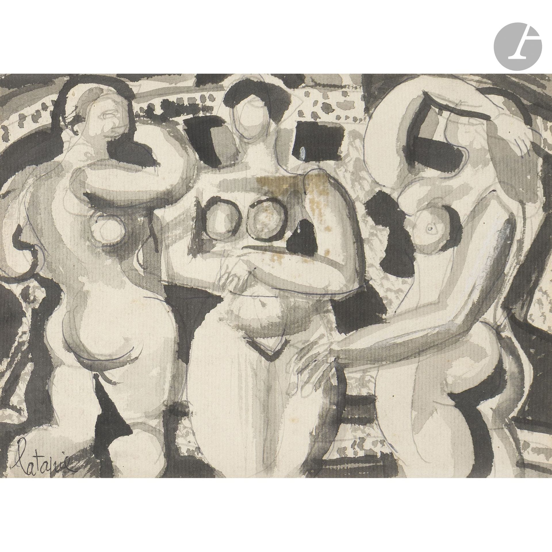 Louis LATAPIE (1891–1972)
Triad. The Three Herculanean Tasks
Ink, ink wash, and highlights in white gouache.
Signed lower left.
(Brown stain in the center of the composition; some foxing.)
16.5 x 22.5 cm

Provenance: 
Tajan Auction, Paris, November 27, 2009, lot 267.

The theme of the triad—a sensual vision of the female body—was particularly dear to the artist, who explored it through numerous paintings during the final years of his life, between 1970 and 1971.

We thank Ms. Dominique Bissière for confirming the authenticity of this work and for the information she provided.