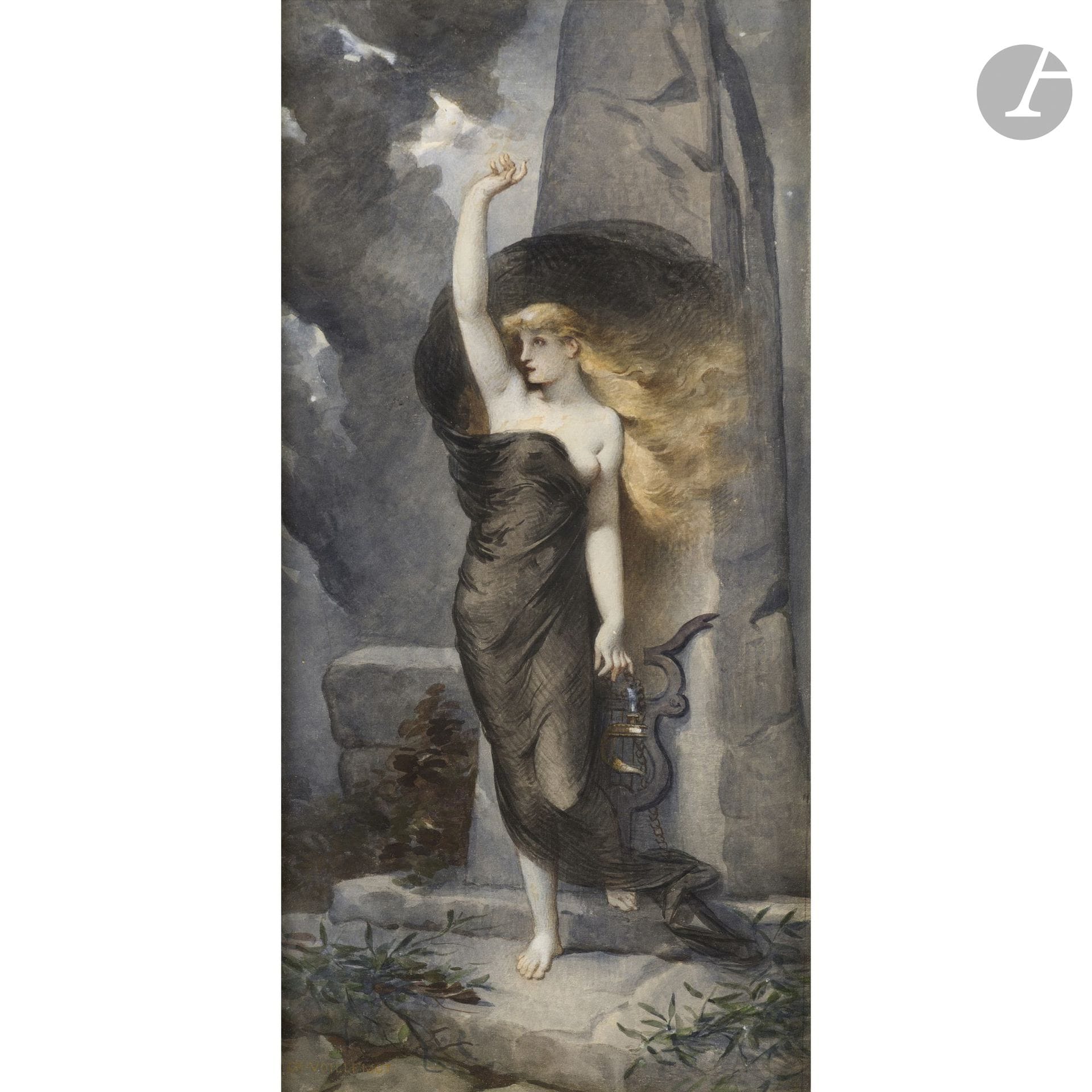André-Charles VOILLEMOT (1822–1893)
Symbolist Woman or Sibyl of Cumae
Watercolor with gouache.
Signed lower left.
45 x 22 cm

Provenance: 
Christie’s auction, London, March 20, 1997, lot 133.