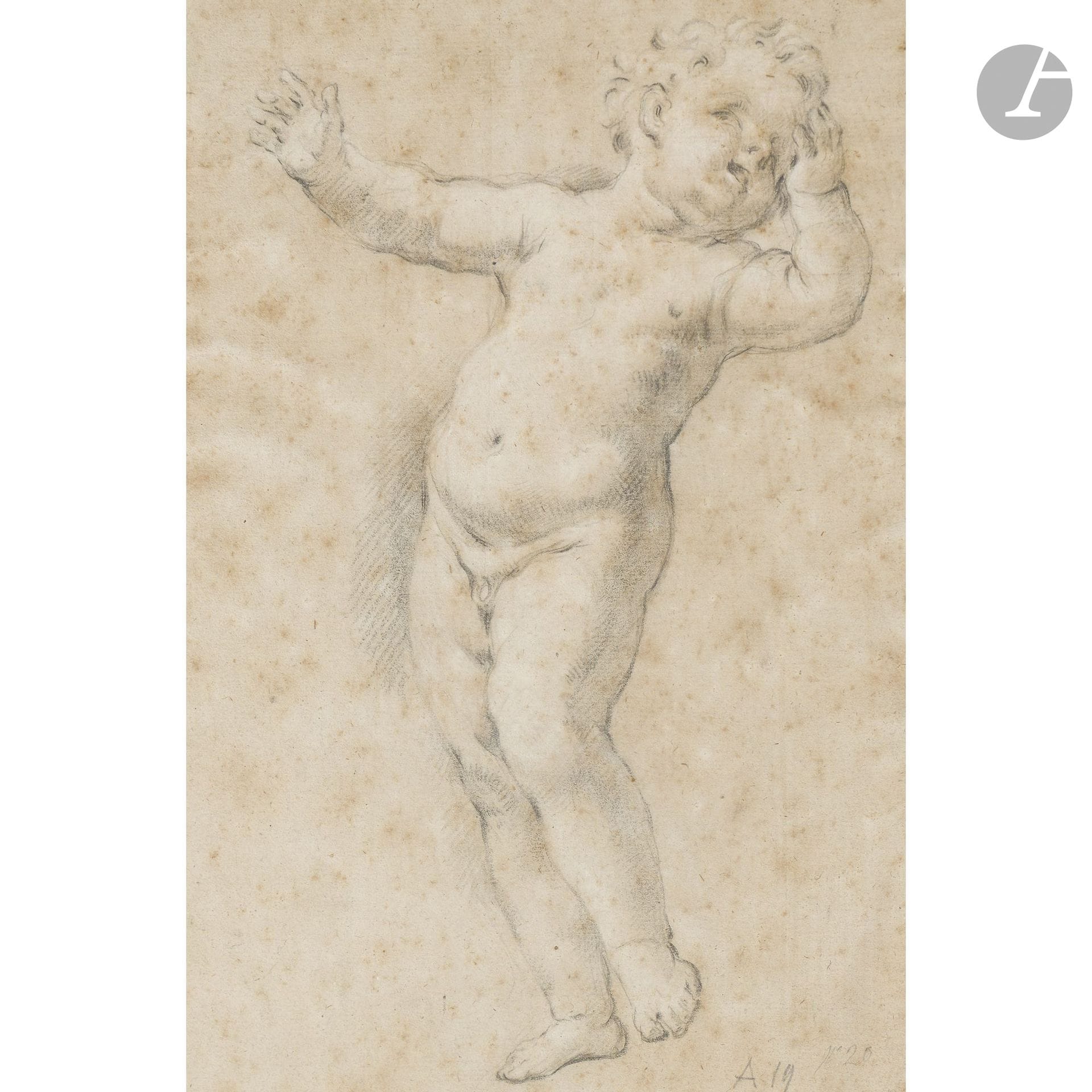 18th-CENTURY FRENCH SCHOOL
Study of a Full-Length Nude Child
Black chalk with white chalk highlights on buff paper.
Double-numbered in the lower right corner: “A19/No. 20.”
(Sun-faded, scattered foxing).
31.6 x 21 cm