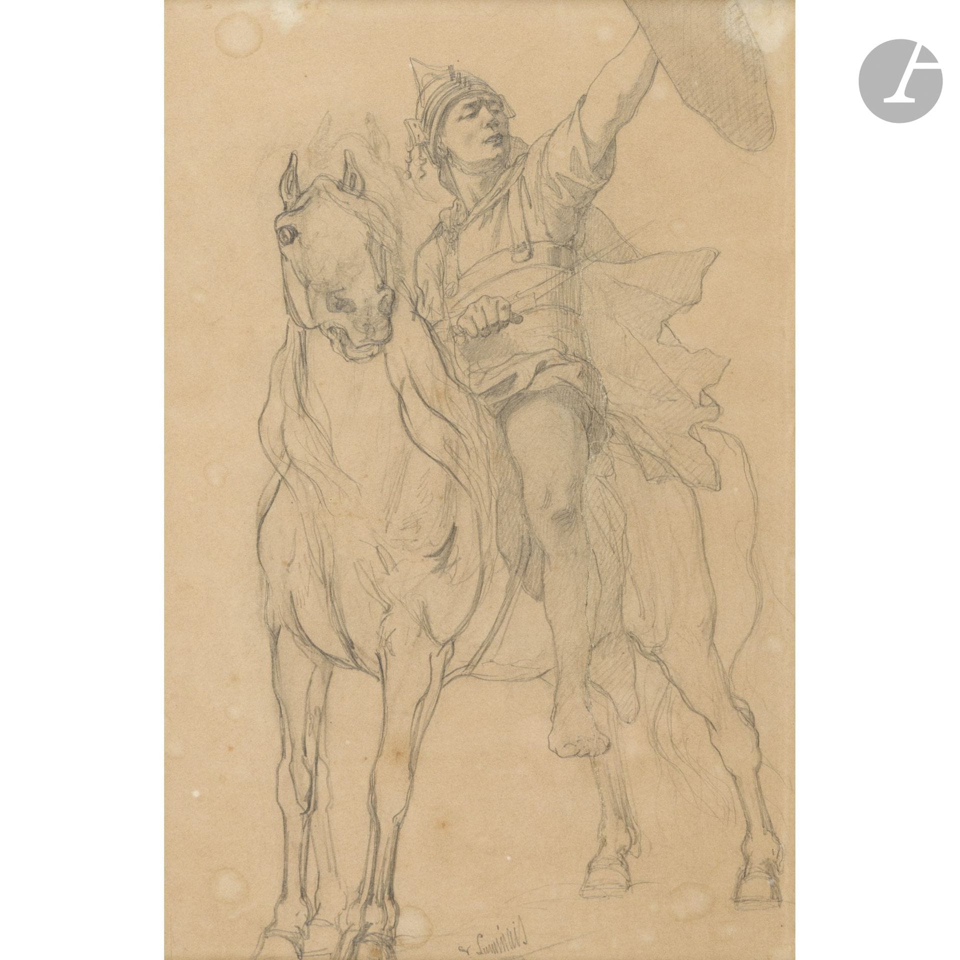 Évariste-Vital LUMINAIS 
(Nantes 1822 – Paris 1896)
A Gaul on His Horse and Shield
Black pencil.
Signed at the bottom.
29.5 x 19 cm